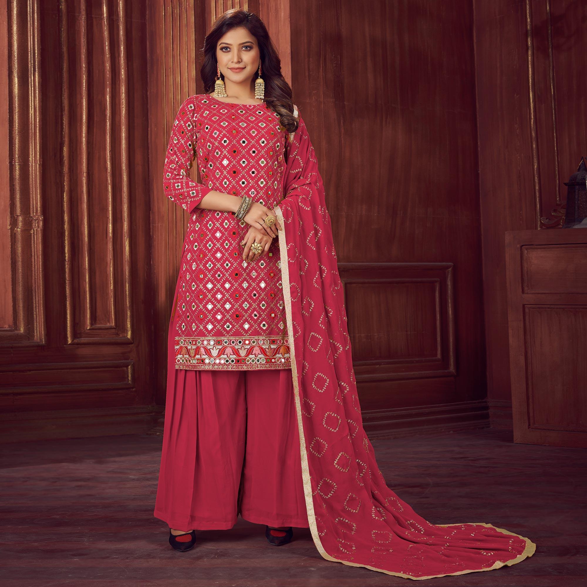 Pink Mirror & Sequence Embroidered Georgette Sharara Suit - Peachmode