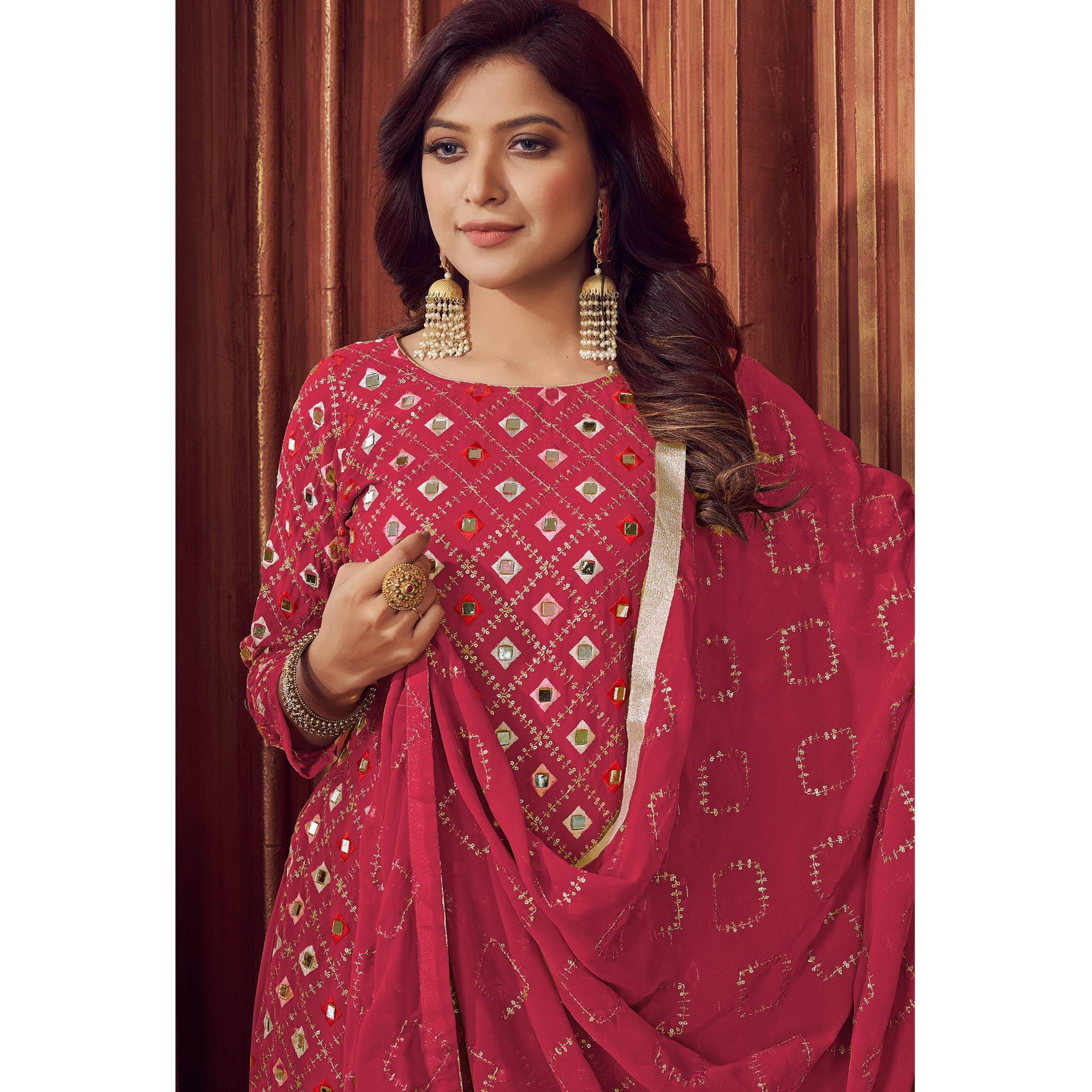 Pink Mirror & Sequence Embroidered Georgette Sharara Suit - Peachmode