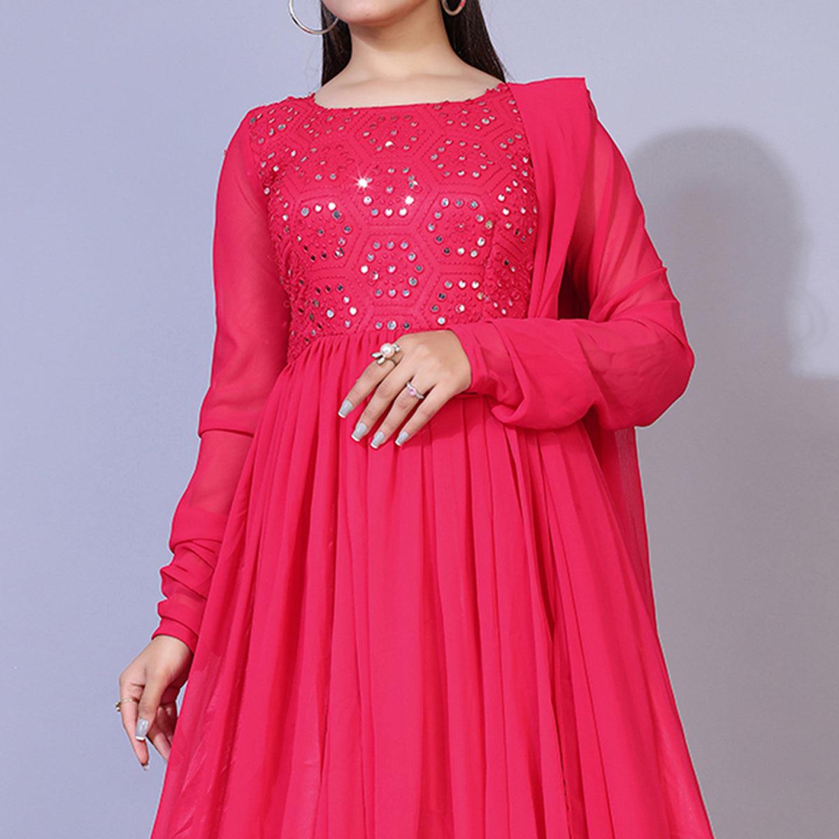 Pink Mirror Embroidered Georgette Anarkali Style Gown - Peachmode