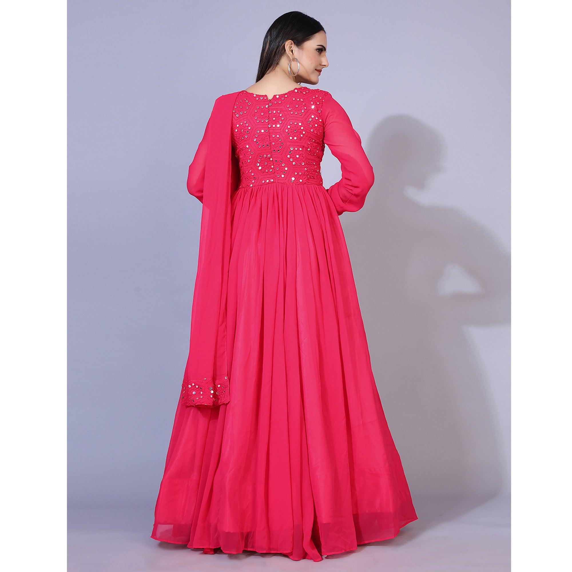 Pink Mirror Embroidered Georgette Anarkali Style Gown - Peachmode