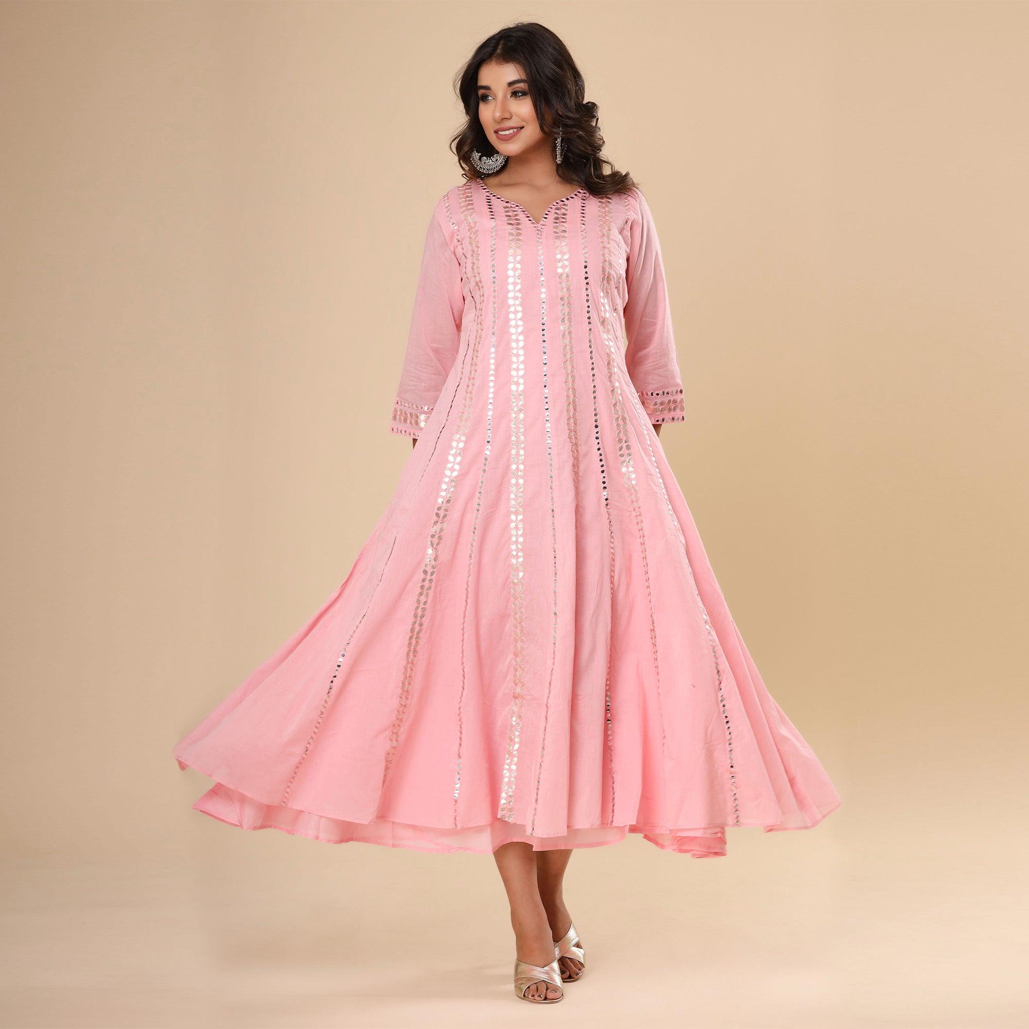 Pink Mirror Embroidered Pure Cotton Dress - Peachmode