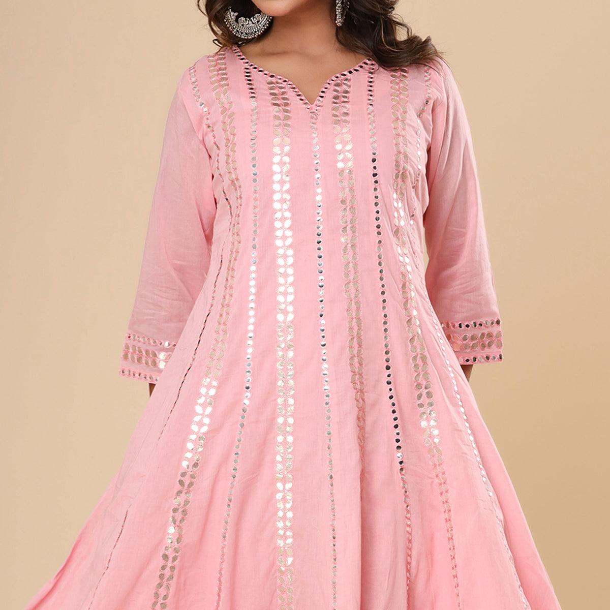 Pink Mirror Embroidered Pure Cotton Dress - Peachmode