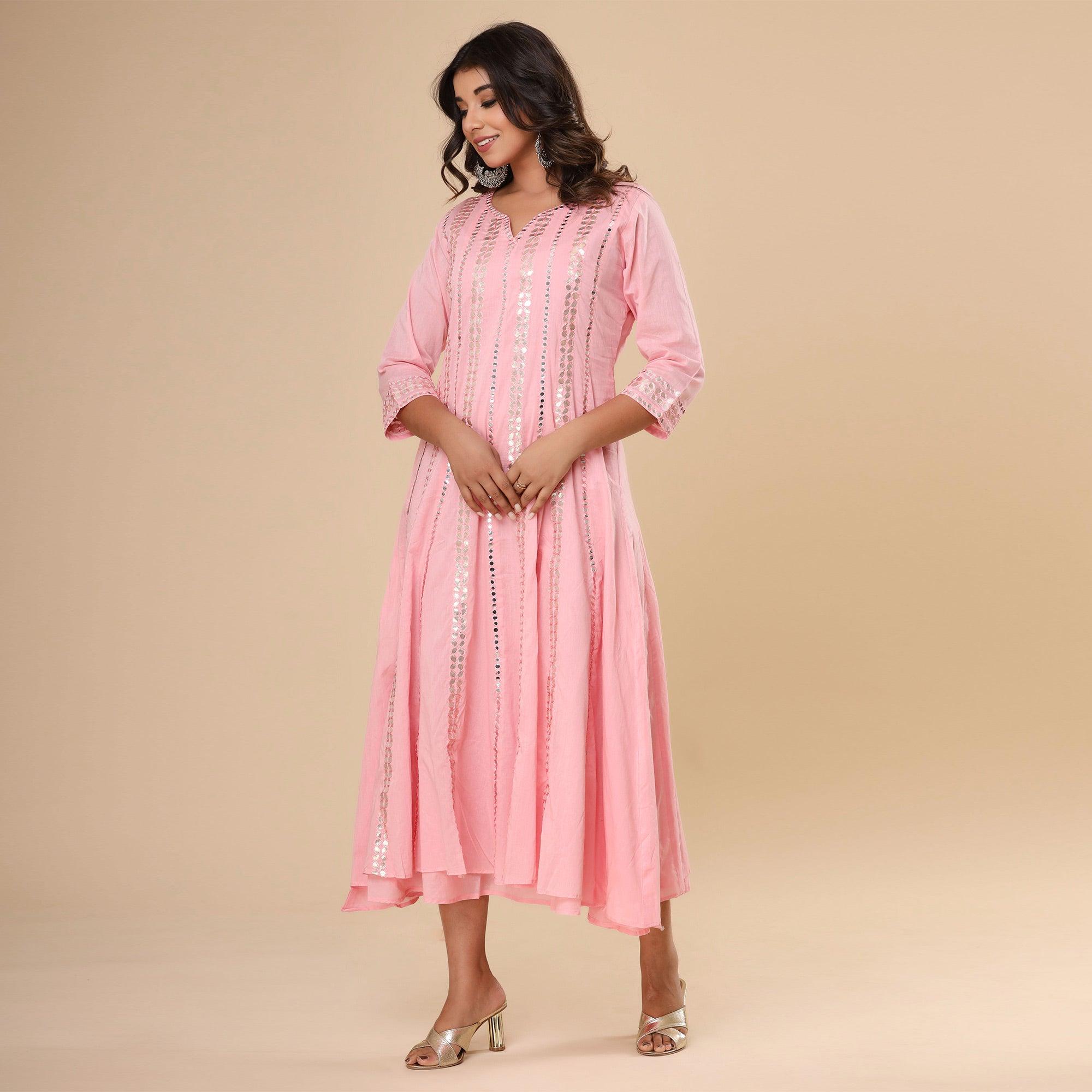 Pink Mirror Embroidered Pure Cotton Dress - Peachmode