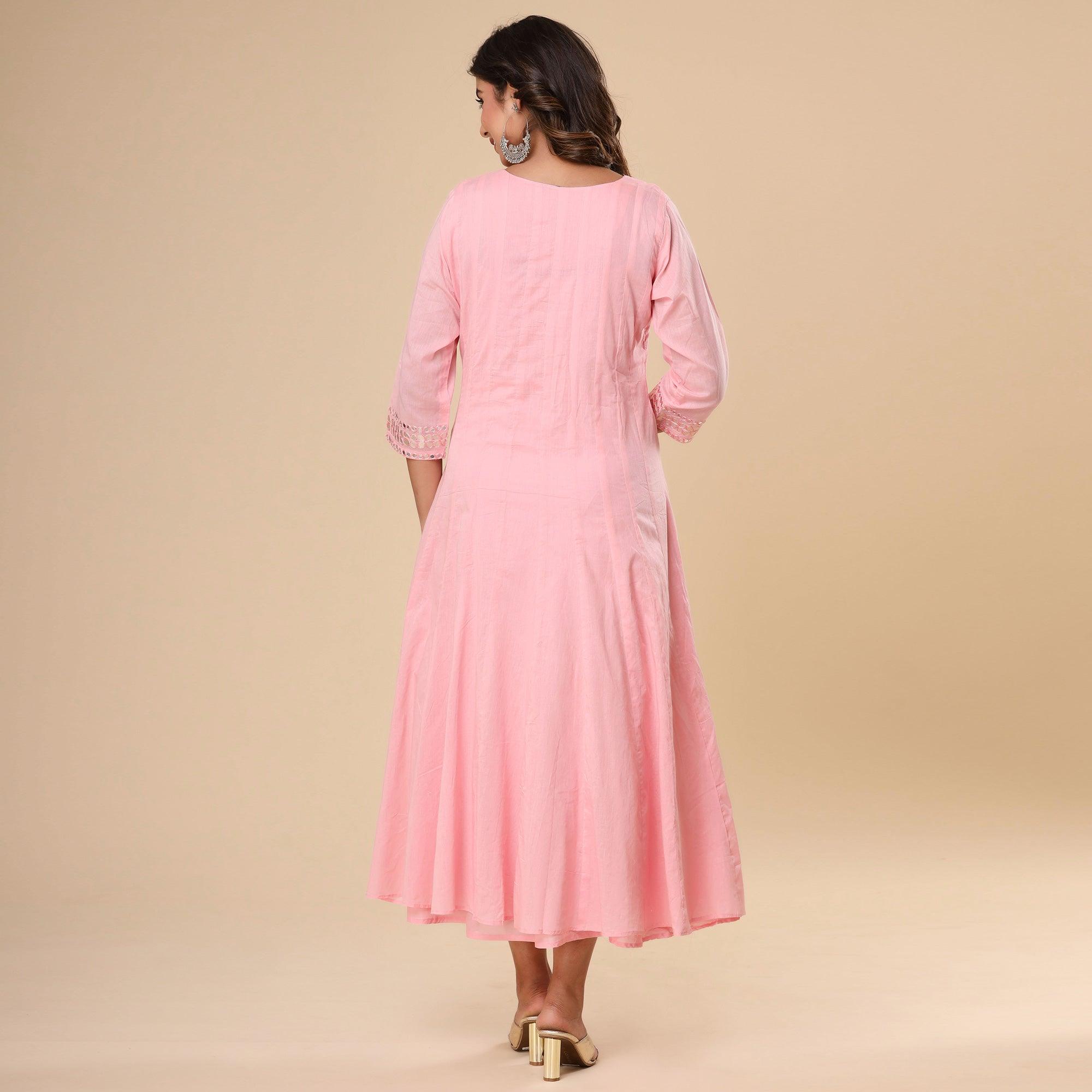 Pink Mirror Embroidered Pure Cotton Dress - Peachmode