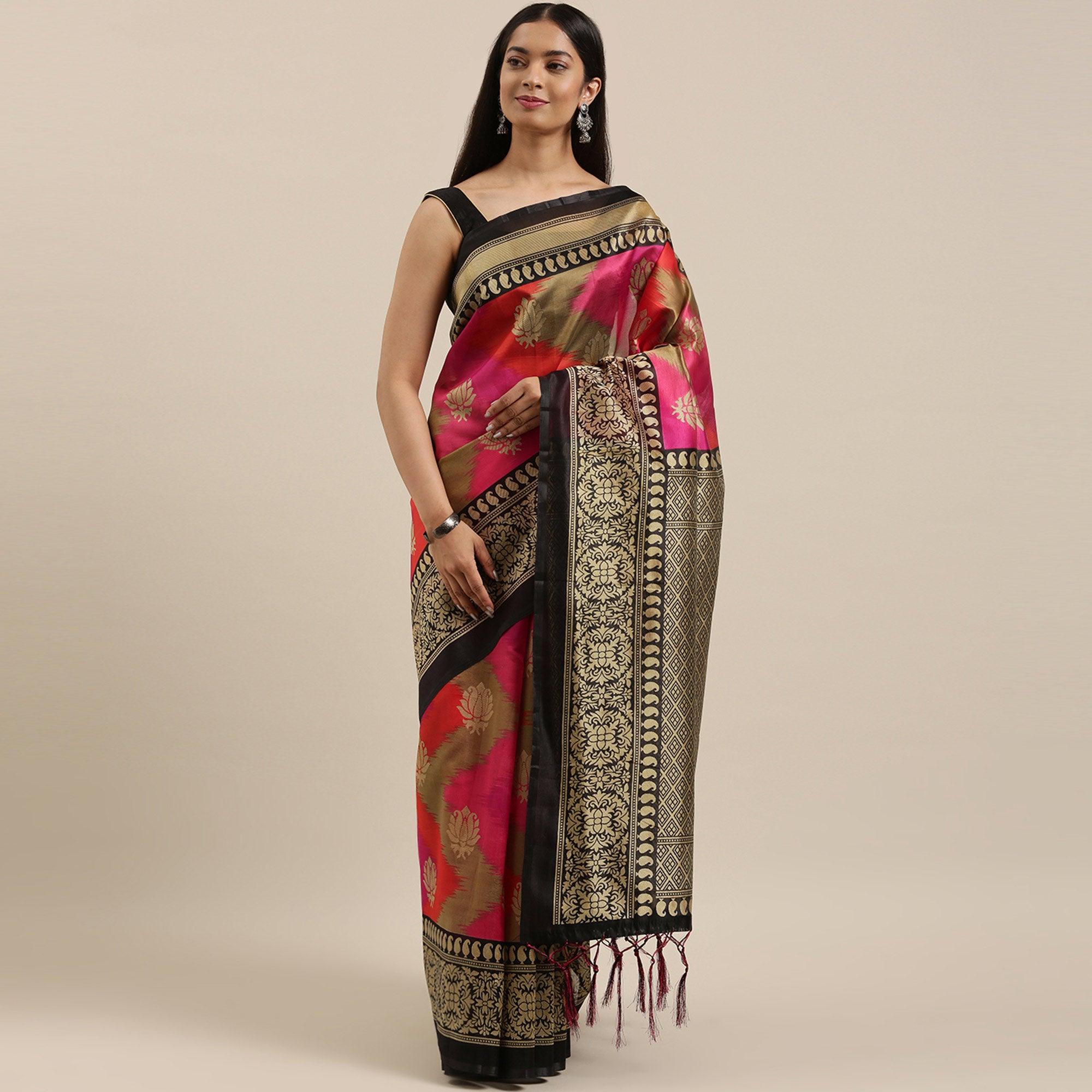 Pink - Multi Color Festive Wear Woven Art Silk Saree With Tassels - Peachmode