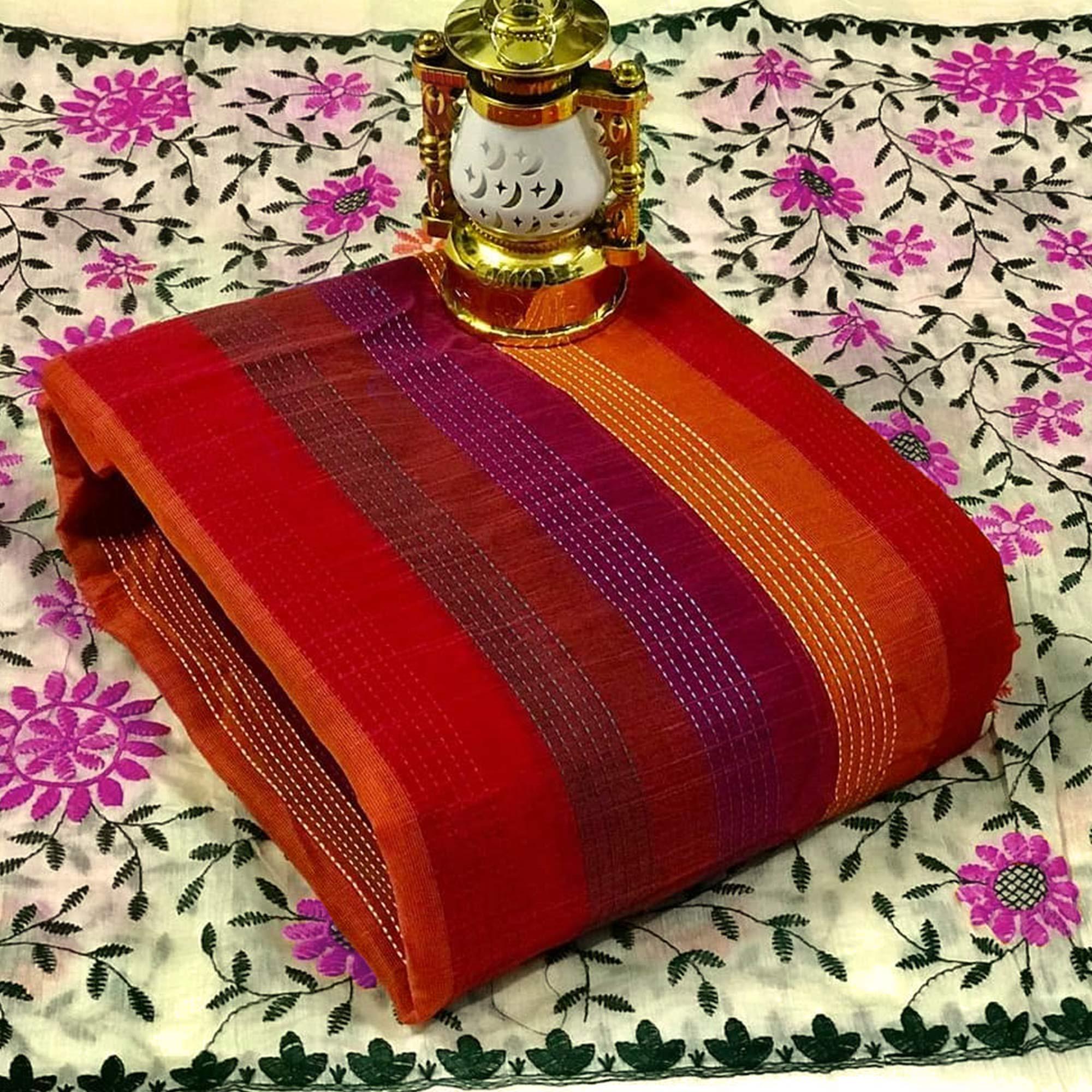 Pink -  Multi Colored Embroidered Pure Cotton Dress Material - Peachmode