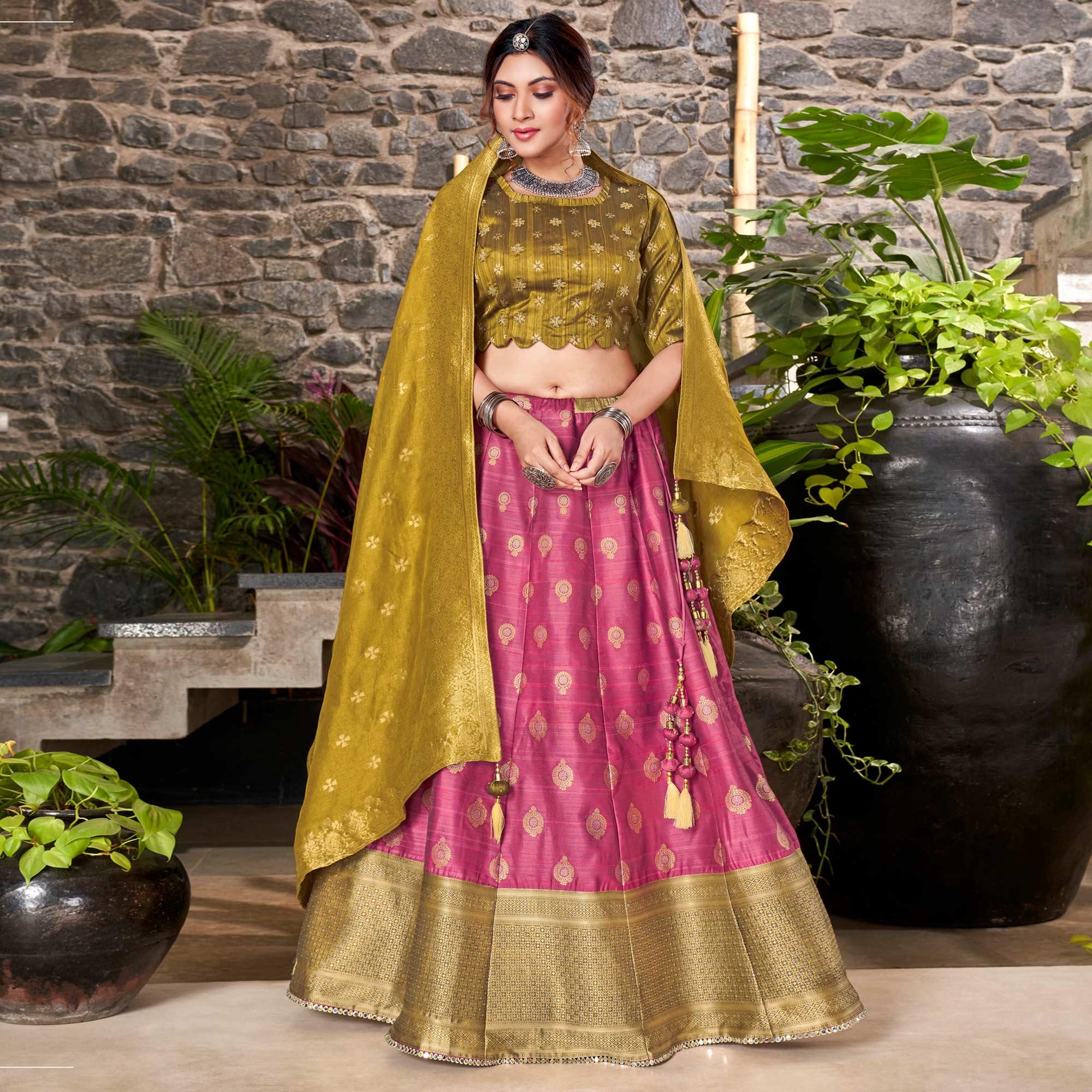 Pink-Mustard Festive Wear Embroidery With Woven Silk Lehenga Choli - Peachmode