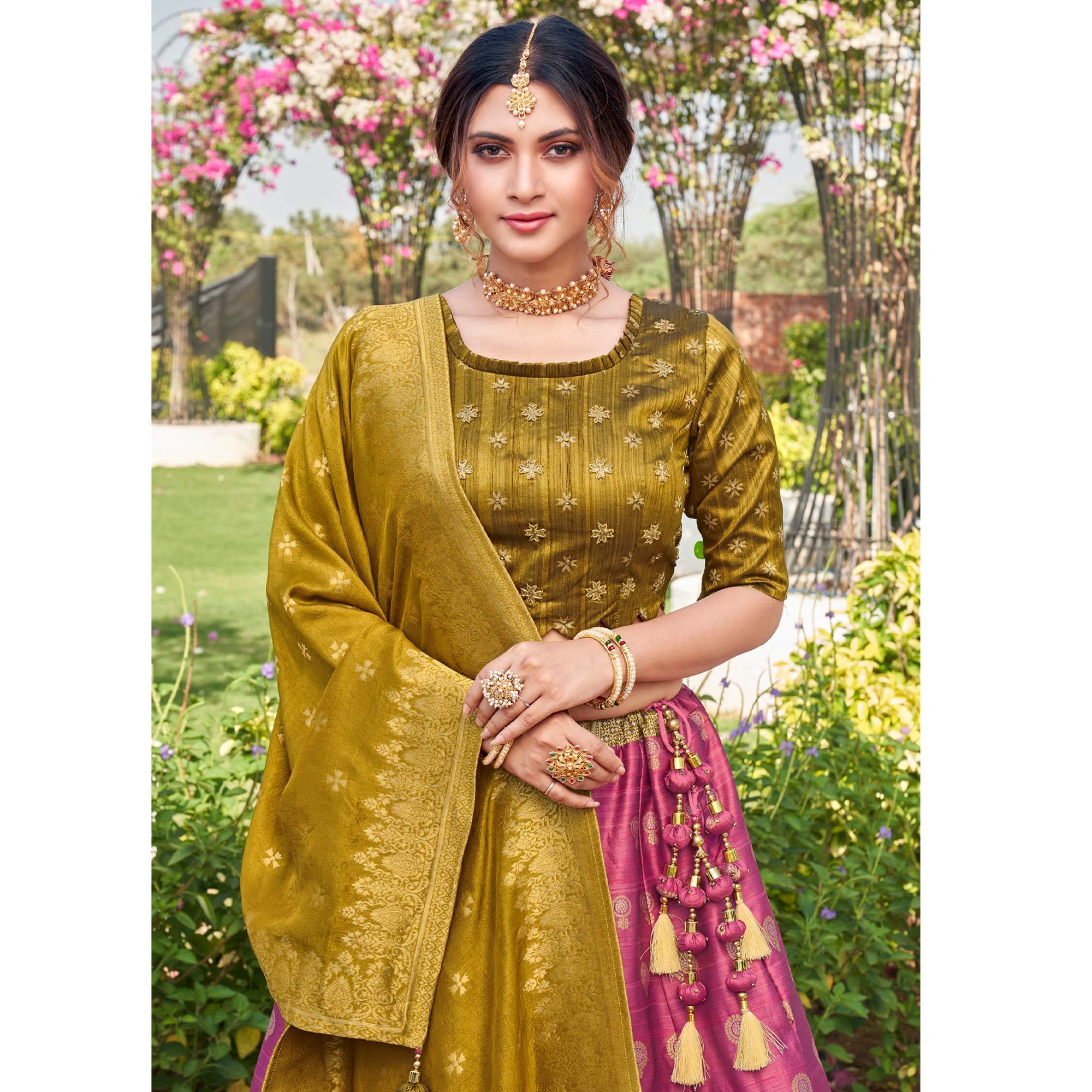 Pink-Mustard Festive Wear Embroidery With Woven Silk Lehenga Choli - Peachmode