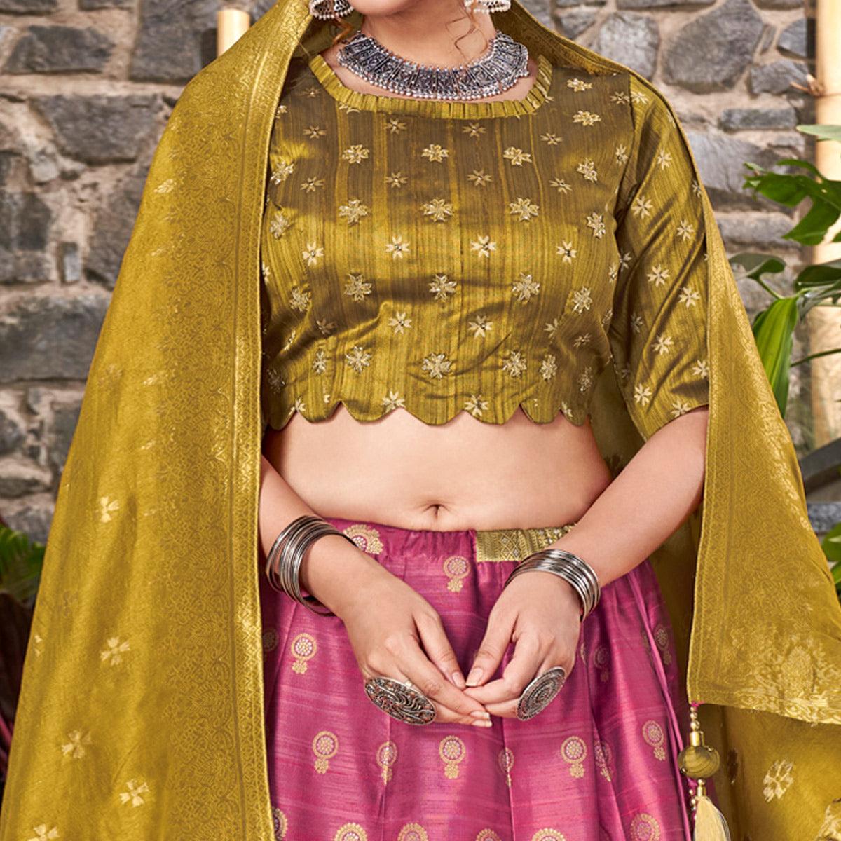 Pink-Mustard Festive Wear Embroidery With Woven Silk Lehenga Choli - Peachmode