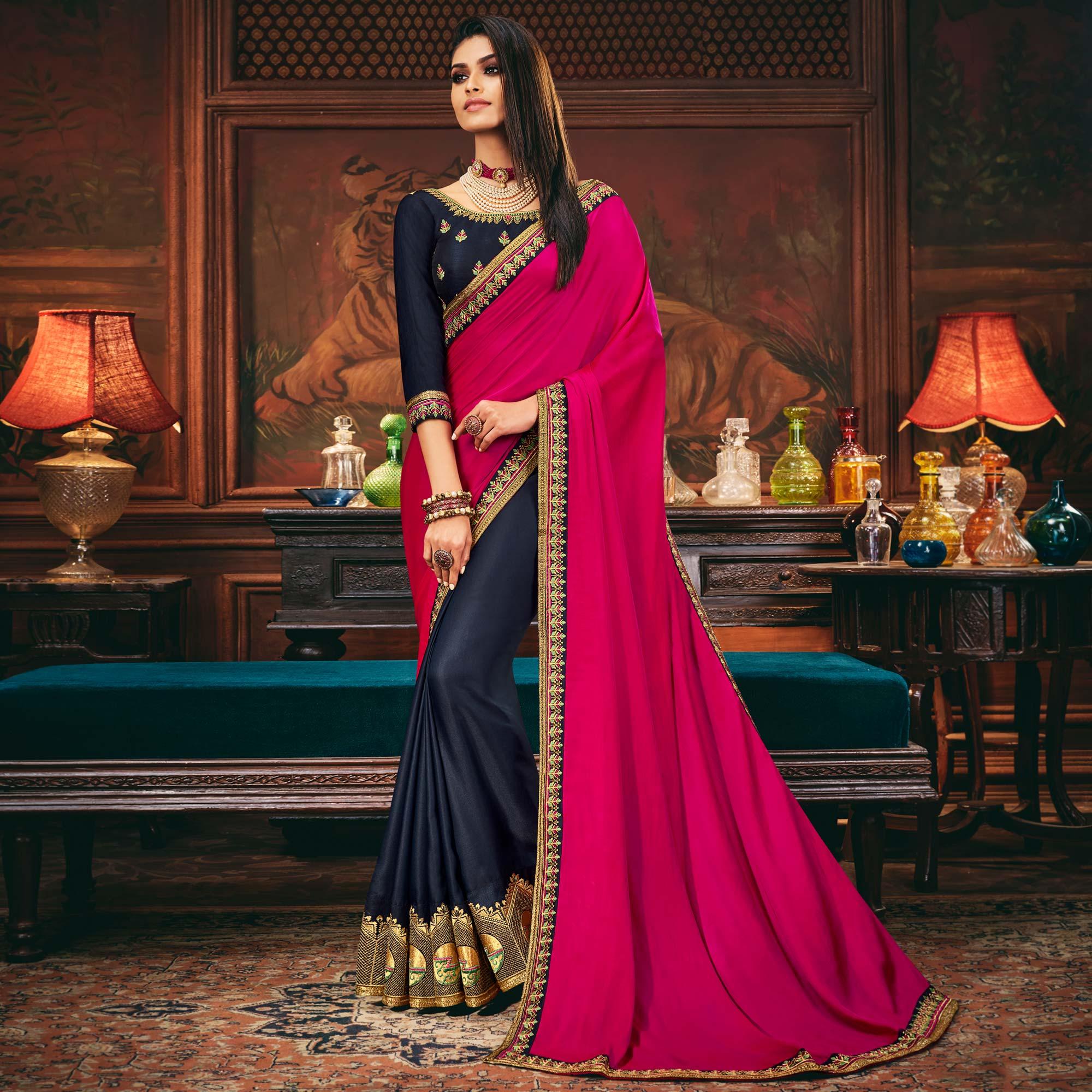 Pink - Navy Blue Festive Wear Woven Silk Half Half Saree - Peachmode