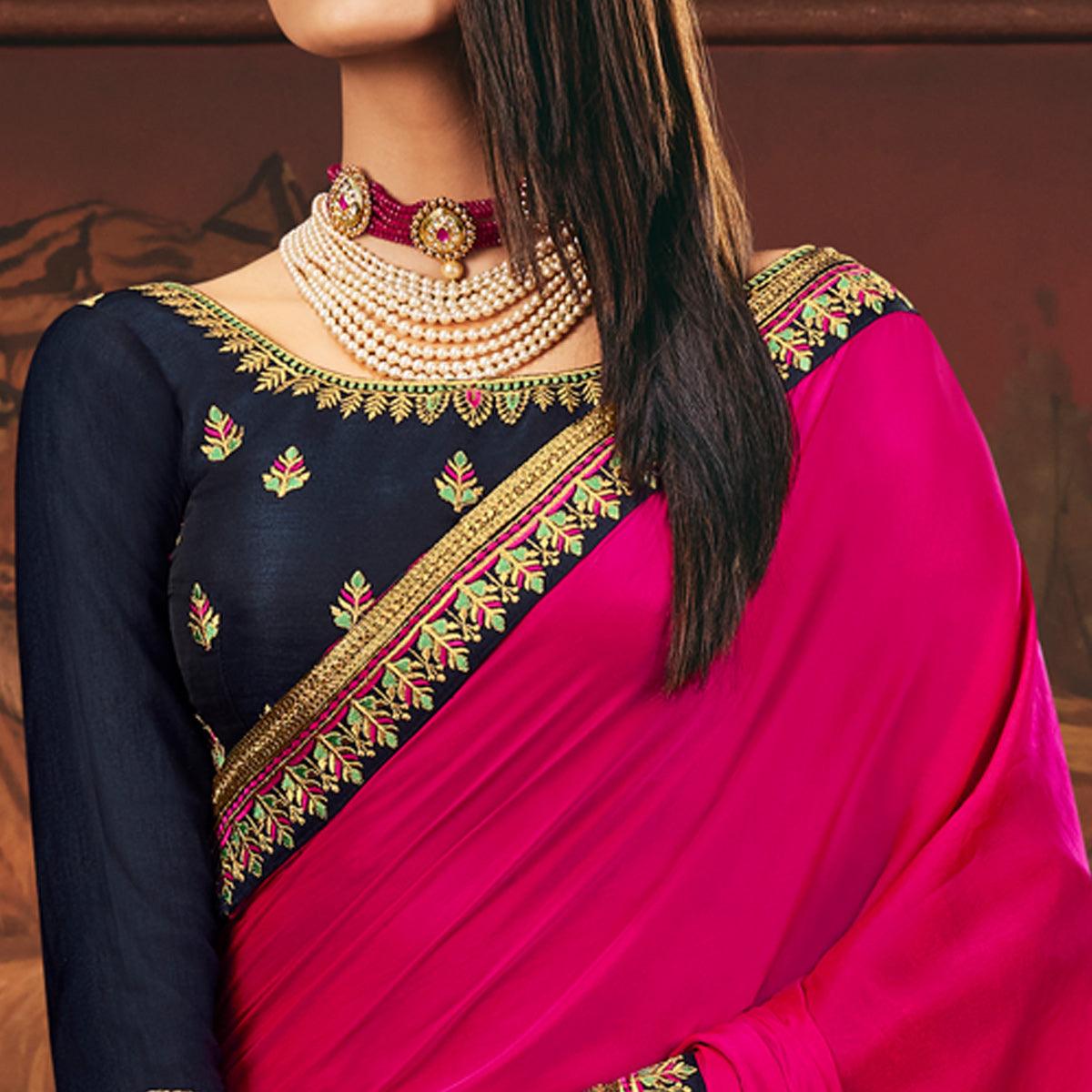 Pink - Navy Blue Festive Wear Woven Silk Half Half Saree - Peachmode