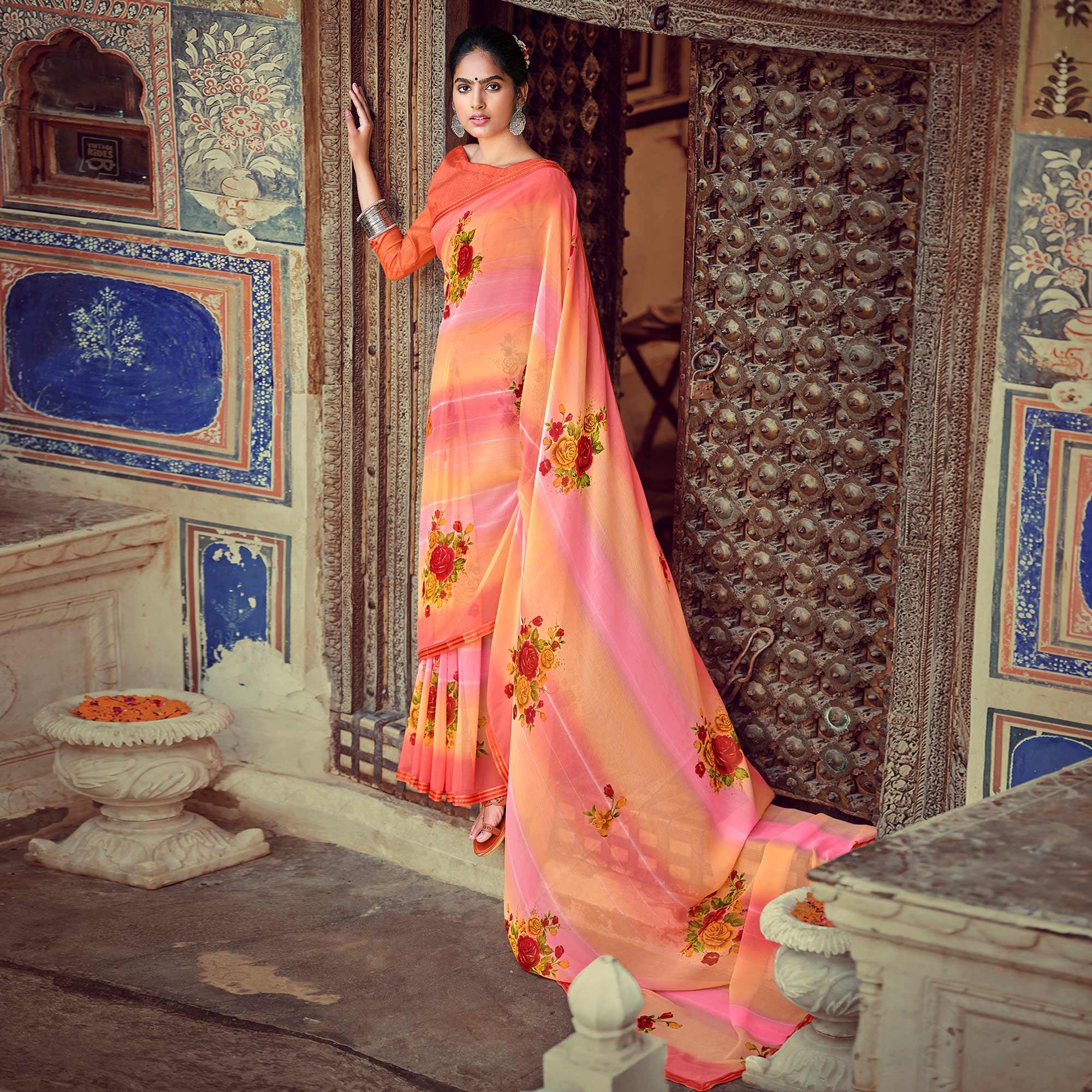 Pink-Orange Casual Wear Floral Printed Chiffon Saree With Fancy Blouse - Peachmode