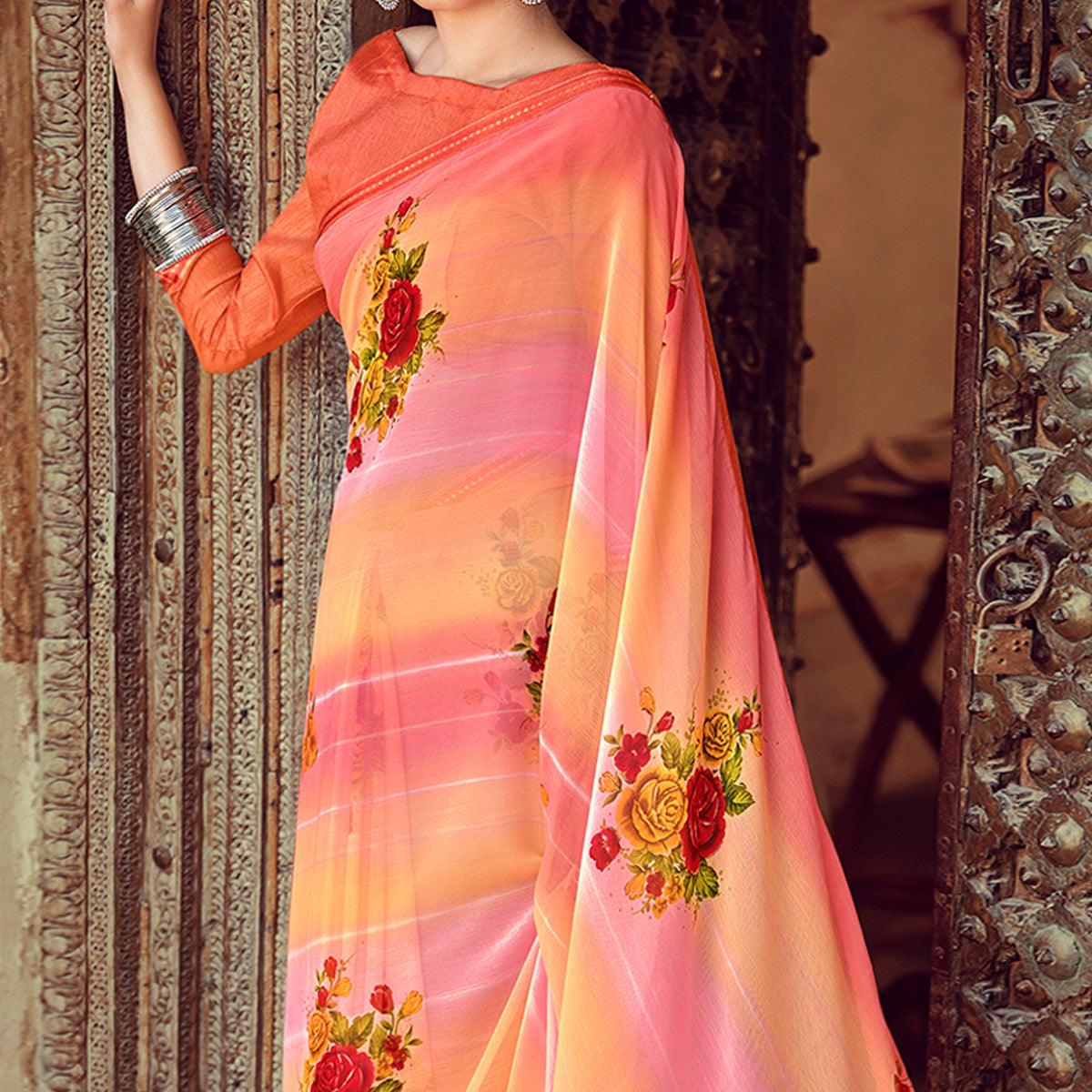 Pink-Orange Casual Wear Floral Printed Chiffon Saree With Fancy Blouse - Peachmode