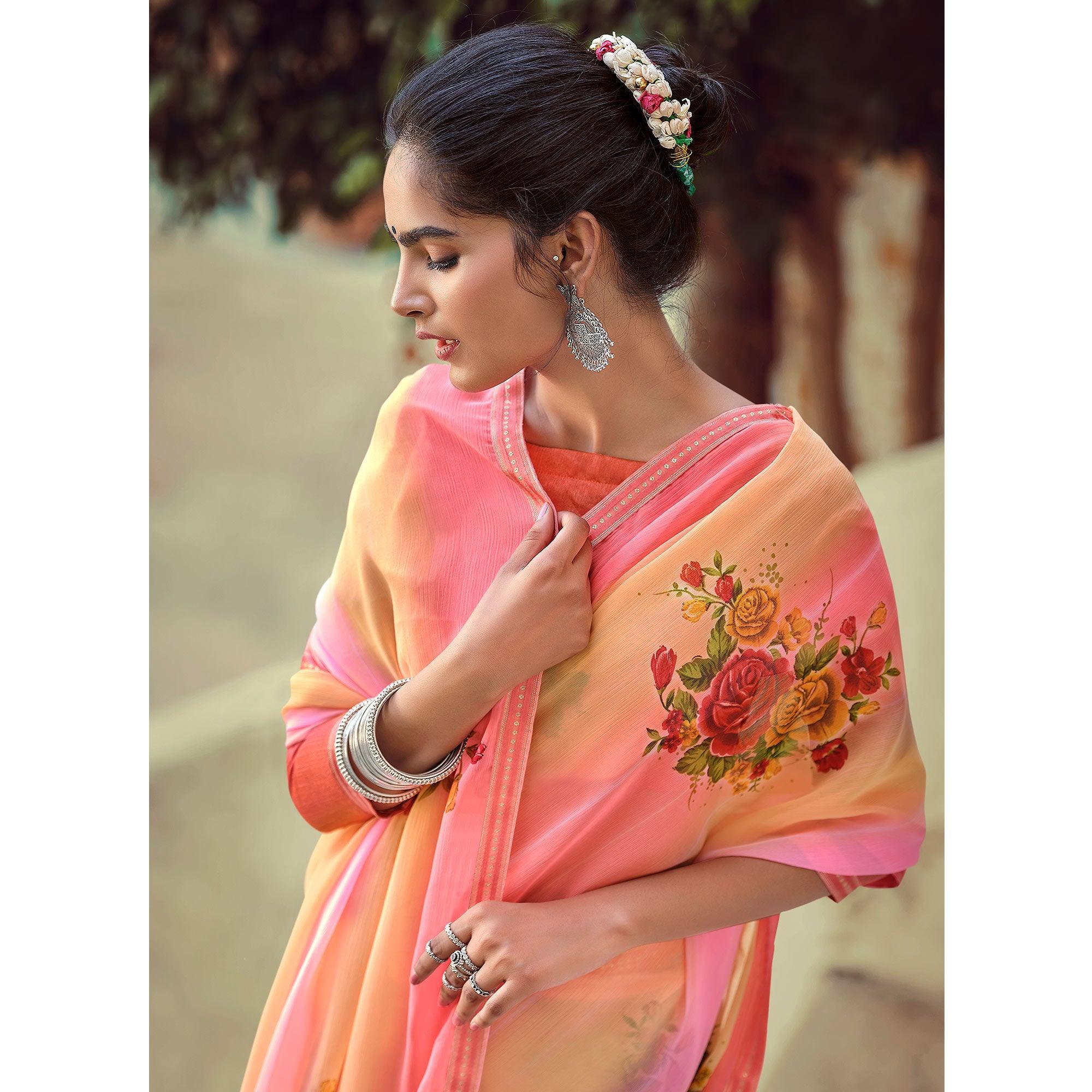 Pink-Orange Casual Wear Floral Printed Chiffon Saree With Fancy Blouse - Peachmode