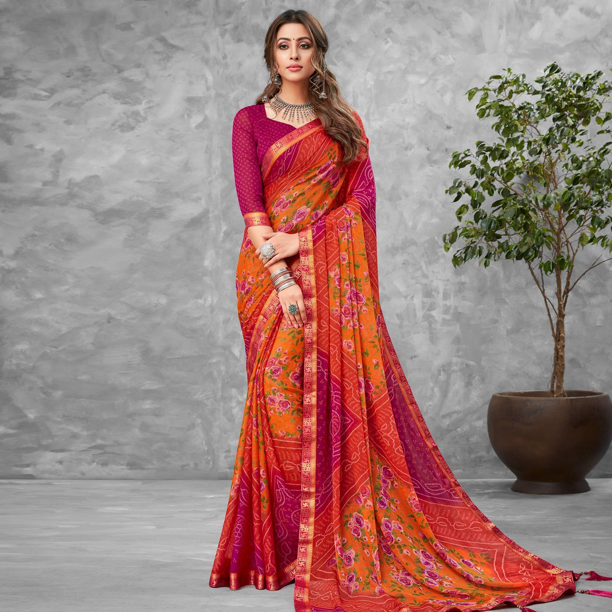 Pink-Orange Festive Wear Floral Bandhani Printed Chiffon Saree - Peachmode