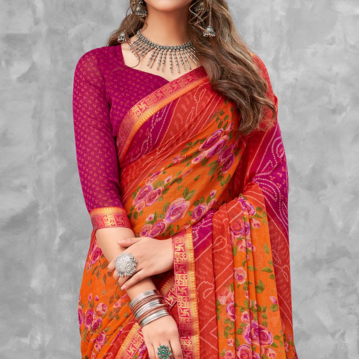 Pink-Orange Festive Wear Floral Bandhani Printed Chiffon Saree - Peachmode