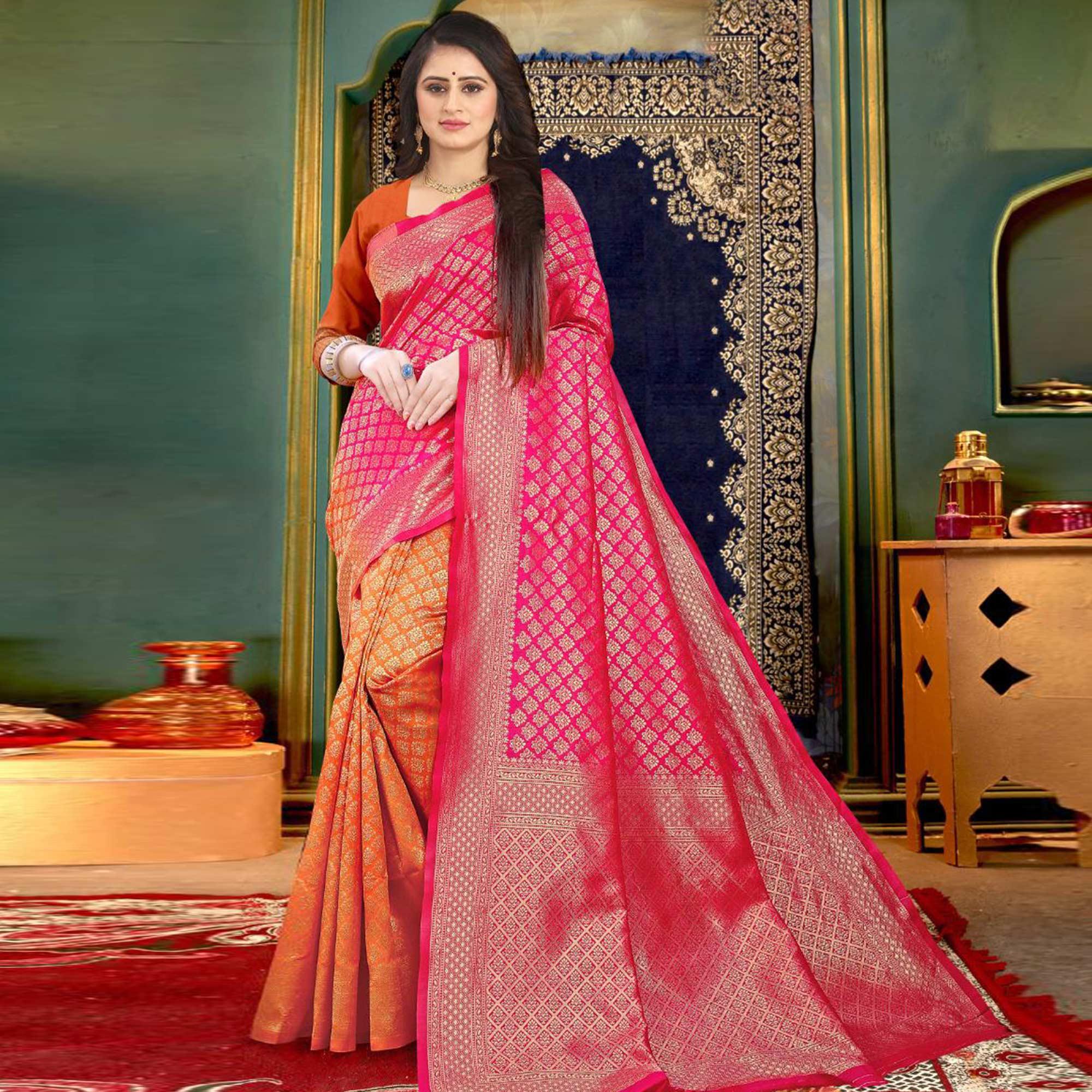 Pink-Orange Festive Wear Woven Banarasi Silk Saree - Peachmode
