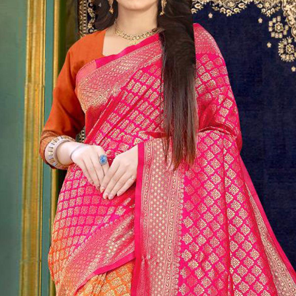 Pink-Orange Festive Wear Woven Banarasi Silk Saree - Peachmode