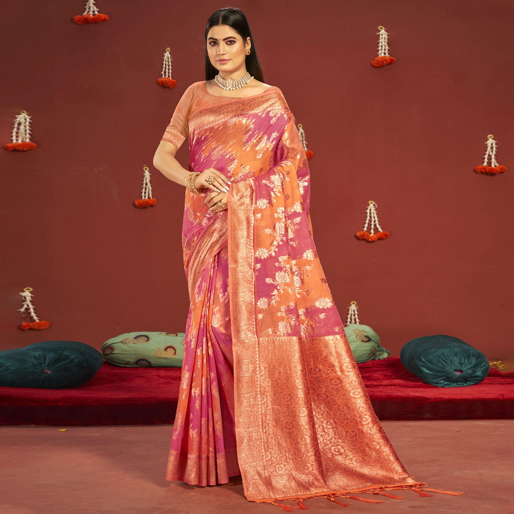Pink-Orange Woven Art Silk Saree - Peachmode