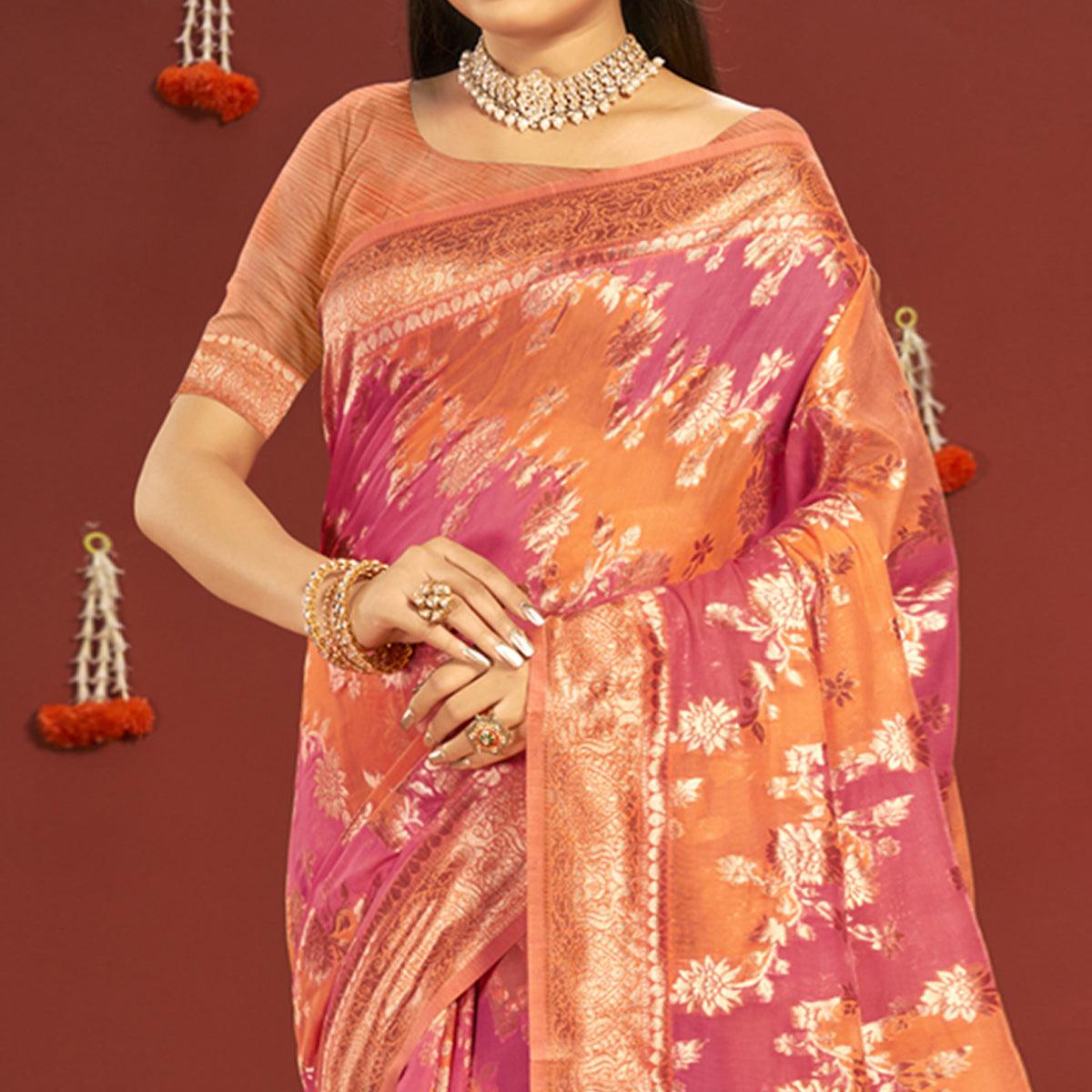 Pink-Orange Woven Art Silk Saree - Peachmode