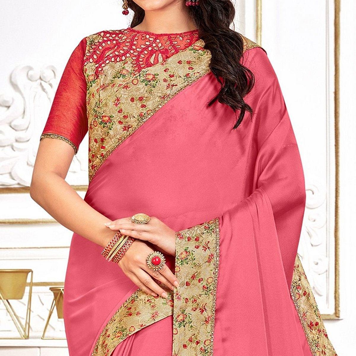 Pink Party Wear Border Work Silk Saree - Peachmode