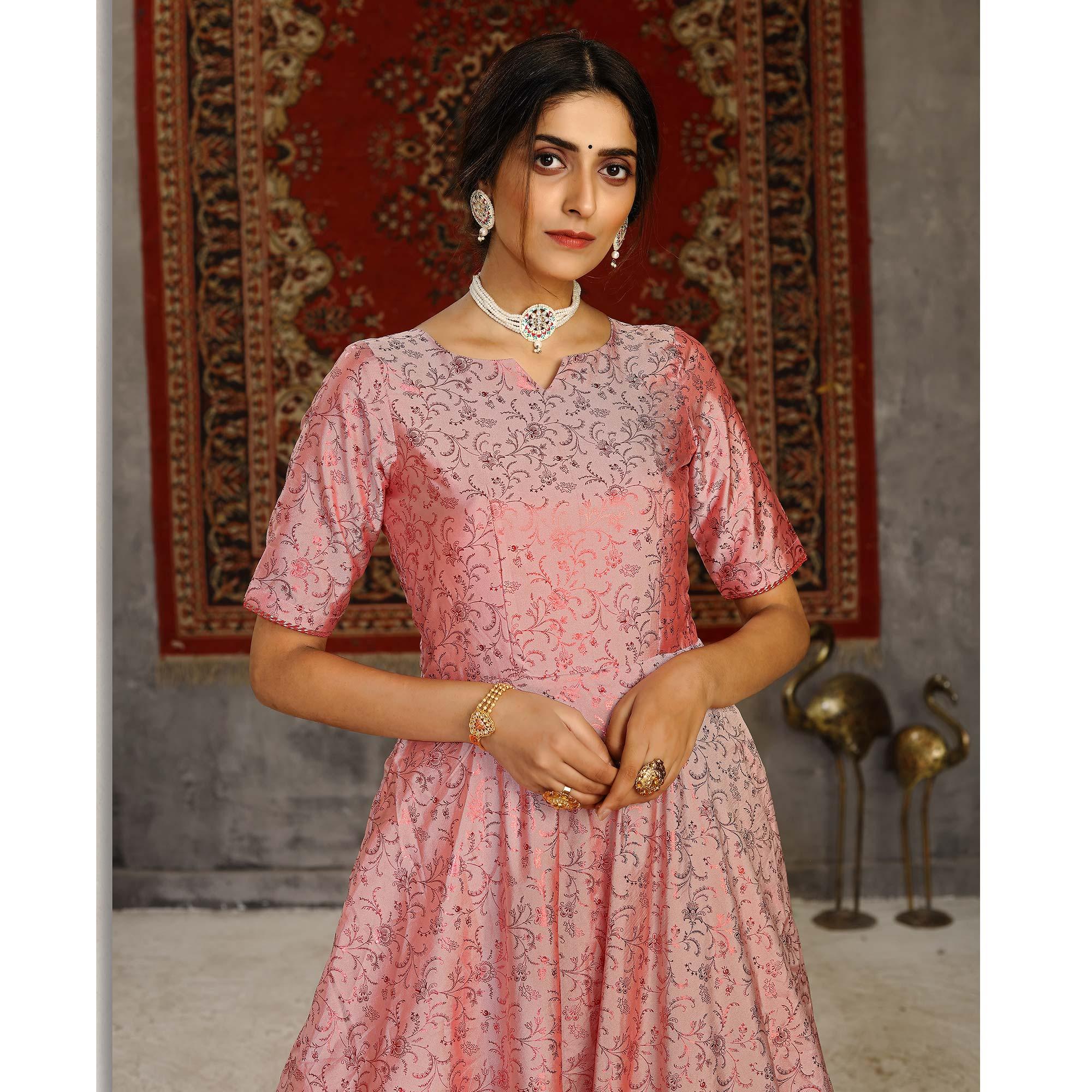 Pink Party Wear Designer Metalic Foil Printed Work Taffeta Gown - Peachmode