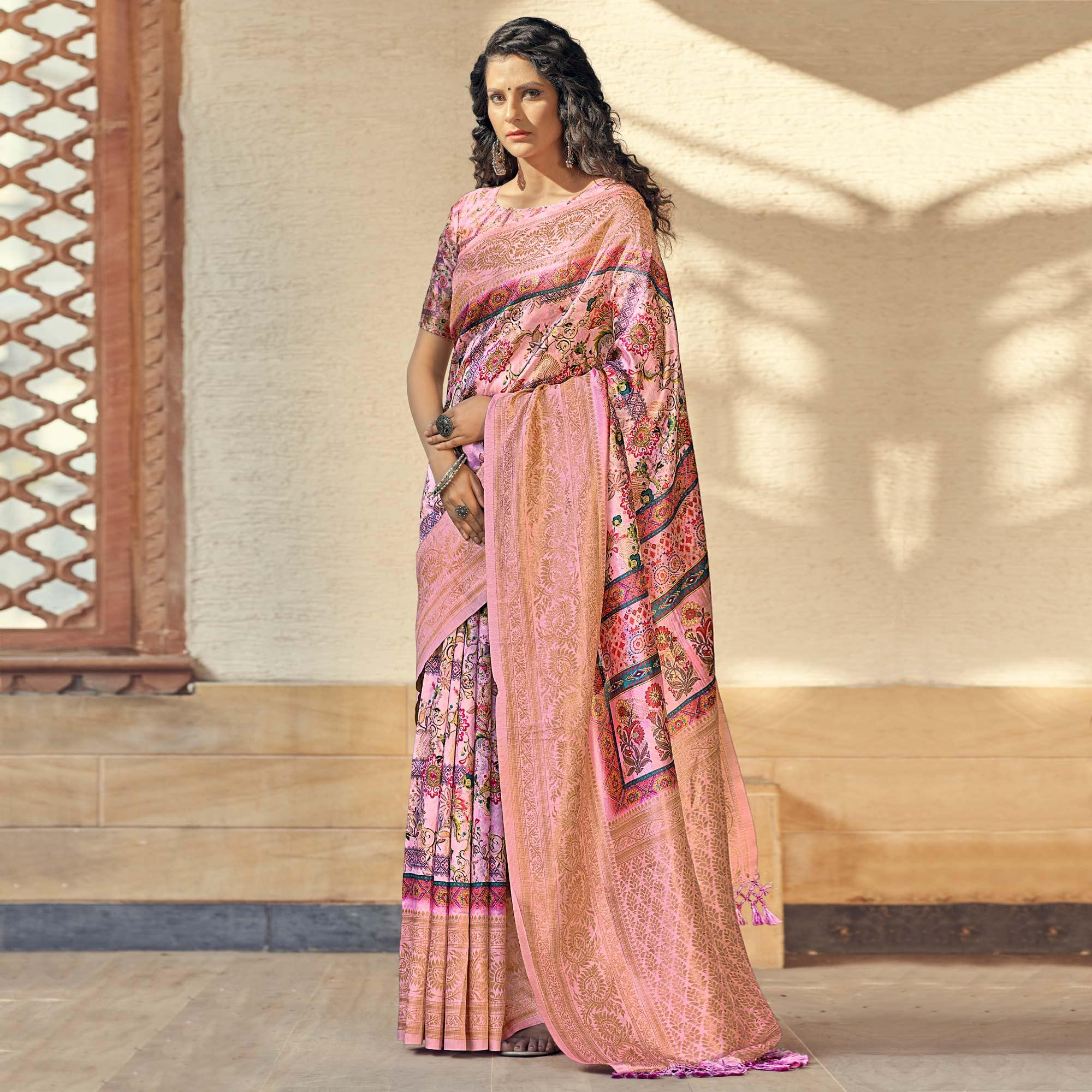 Pink Party Wear Digital Print Art Silk Saree With Tassels - Peachmode