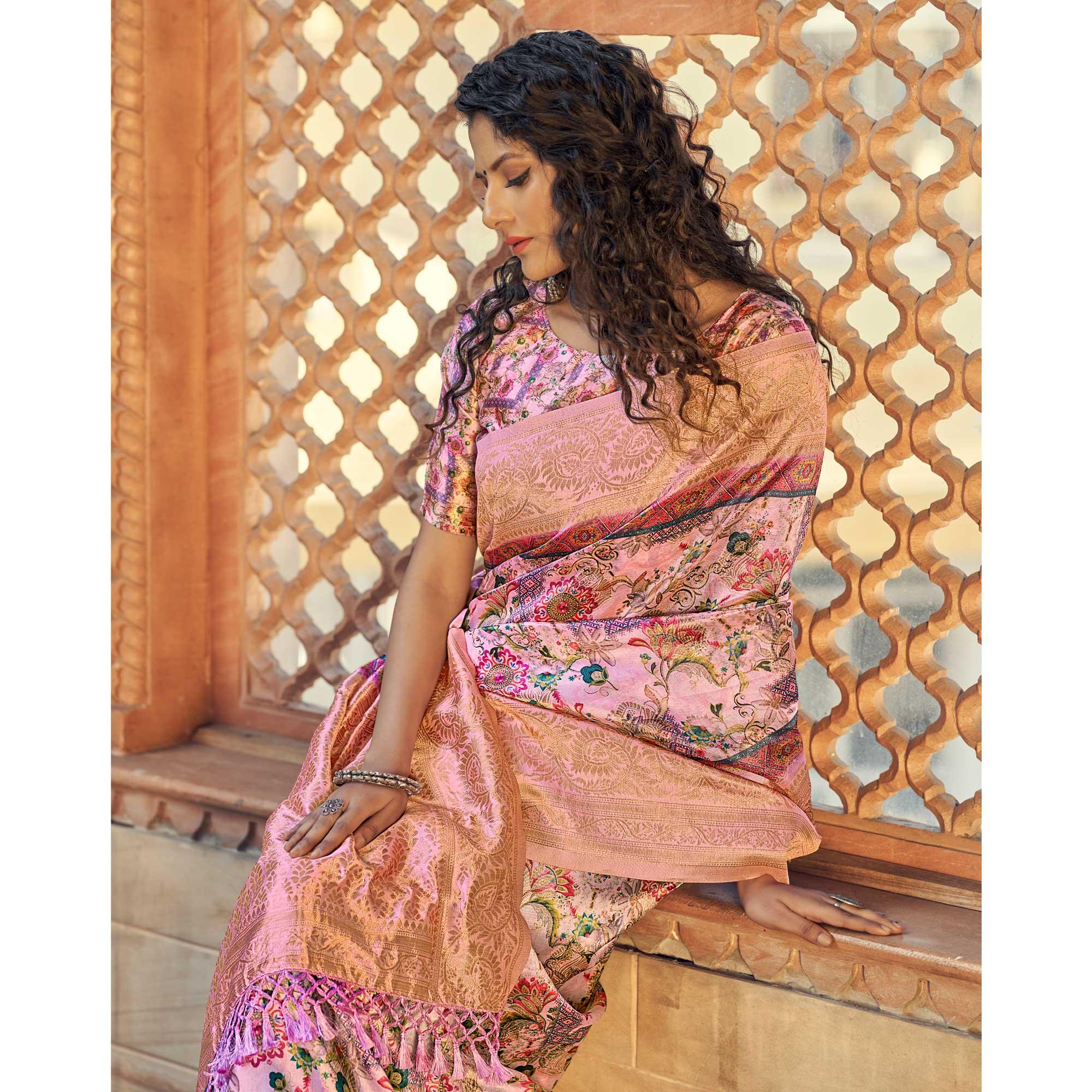 Pink Party Wear Digital Print Art Silk Saree With Tassels - Peachmode