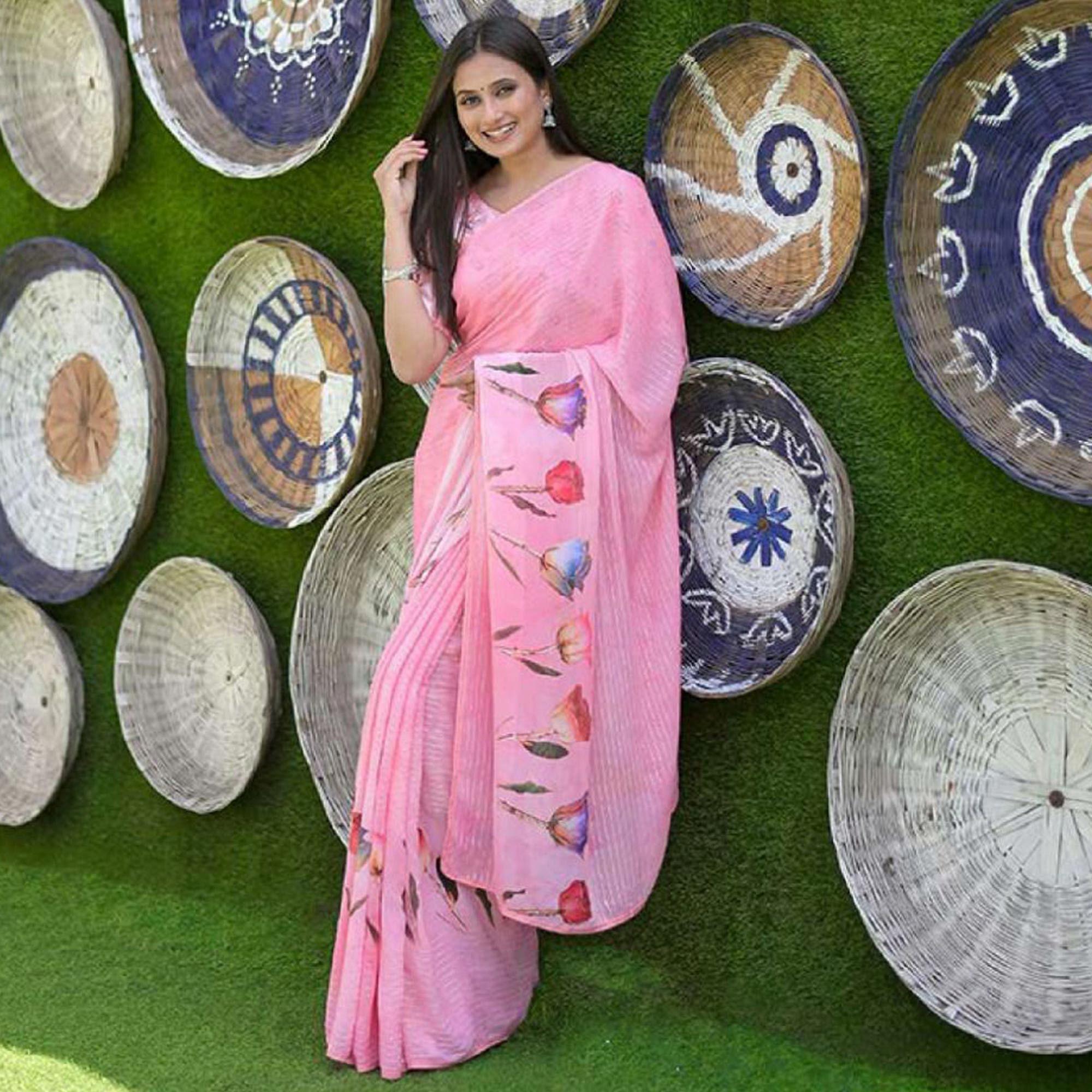 Pink Party Wear Digital Printed Georgette Saree - Peachmode
