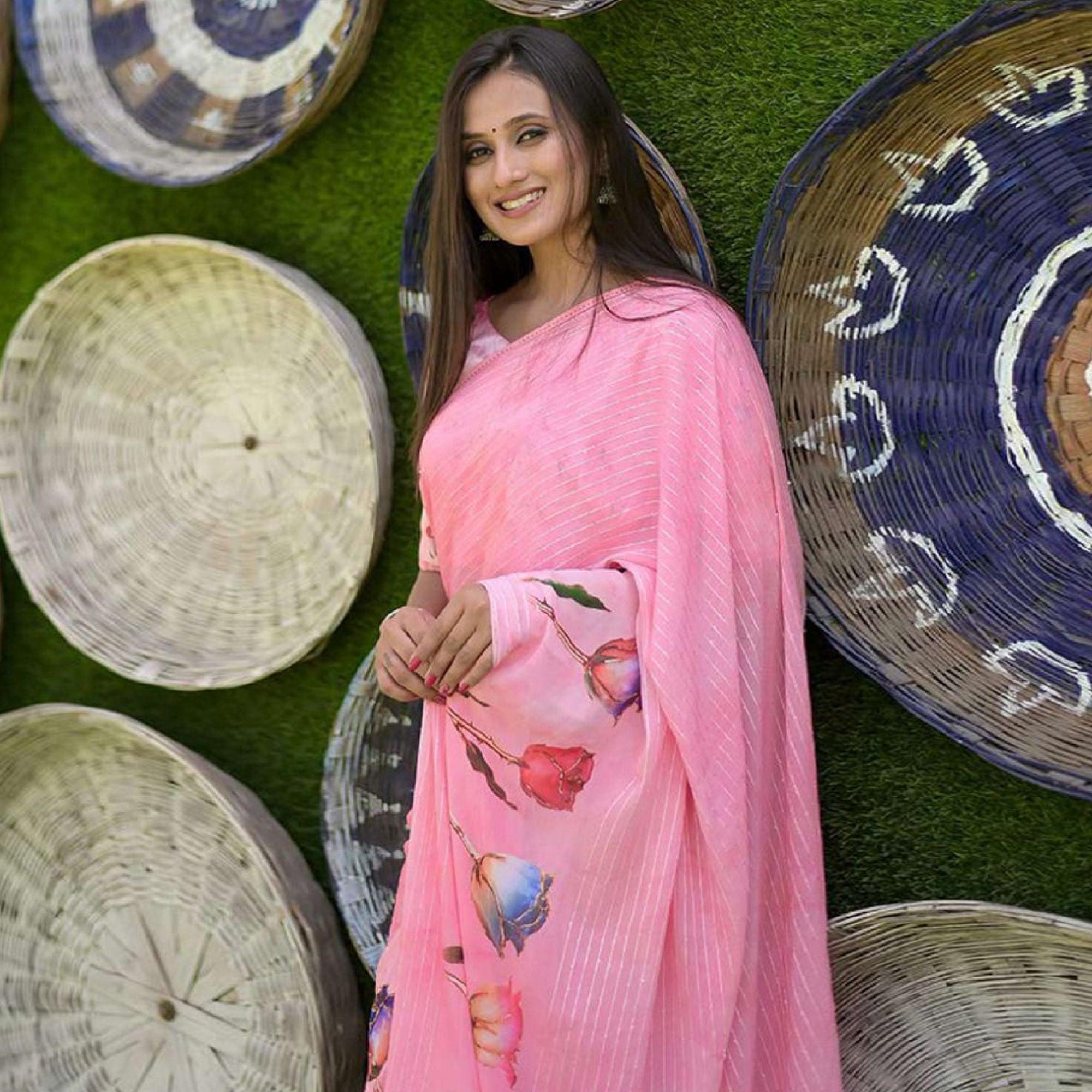 Pink Party Wear Digital Printed Georgette Saree - Peachmode