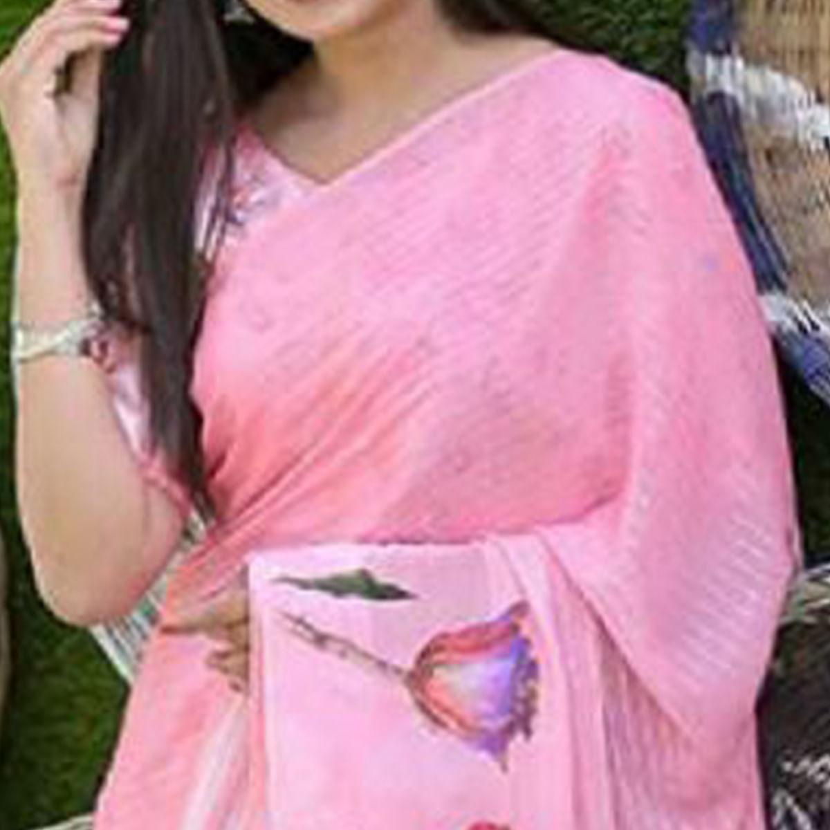 Pink Party Wear Digital Printed Georgette Saree - Peachmode
