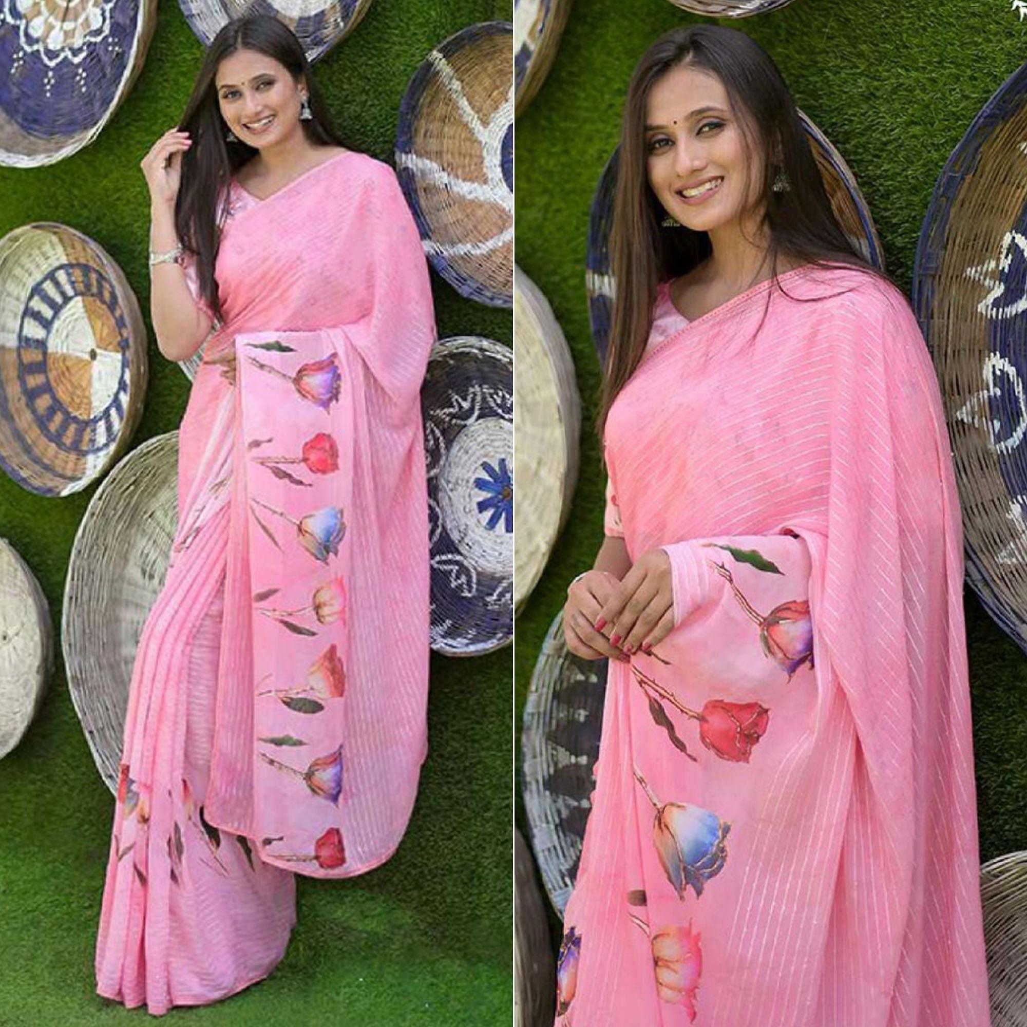 Pink Party Wear Digital Printed Georgette Saree - Peachmode