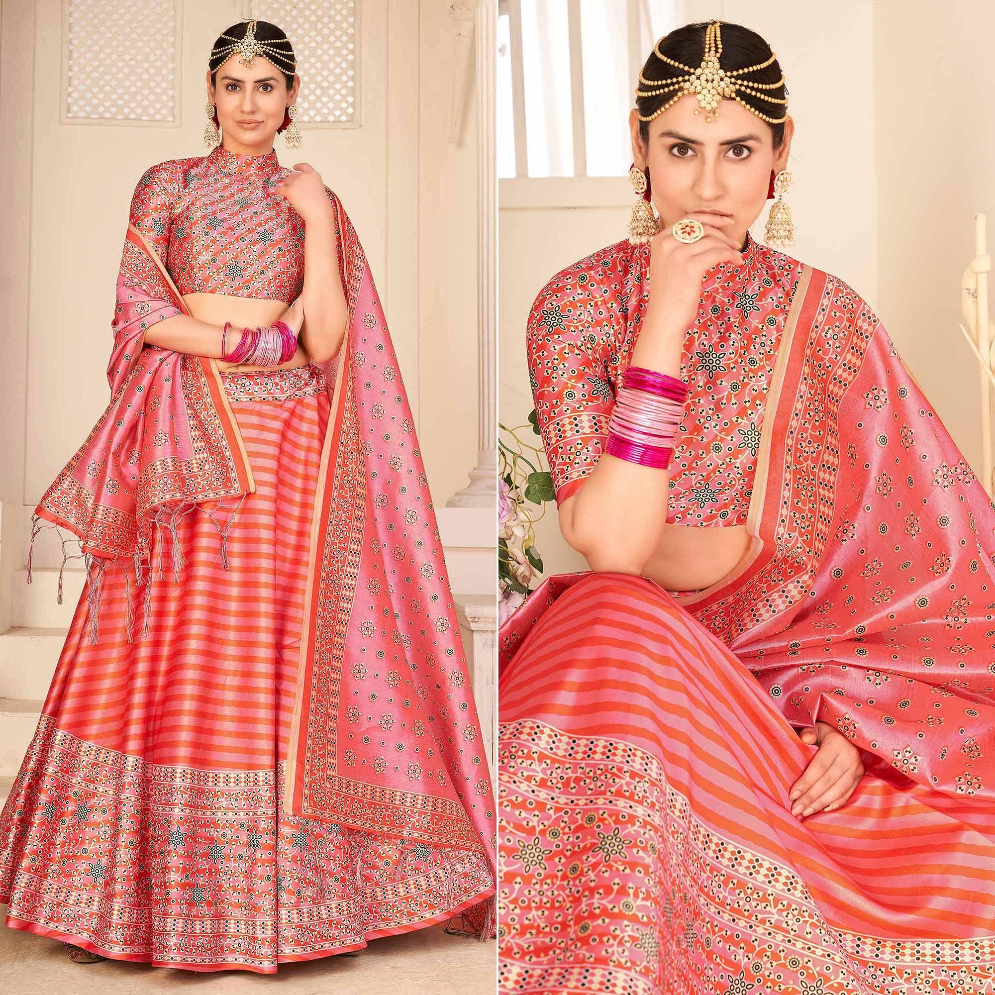 Pink Party Wear Digital Printed Silk Lehenga Choli - Peachmode