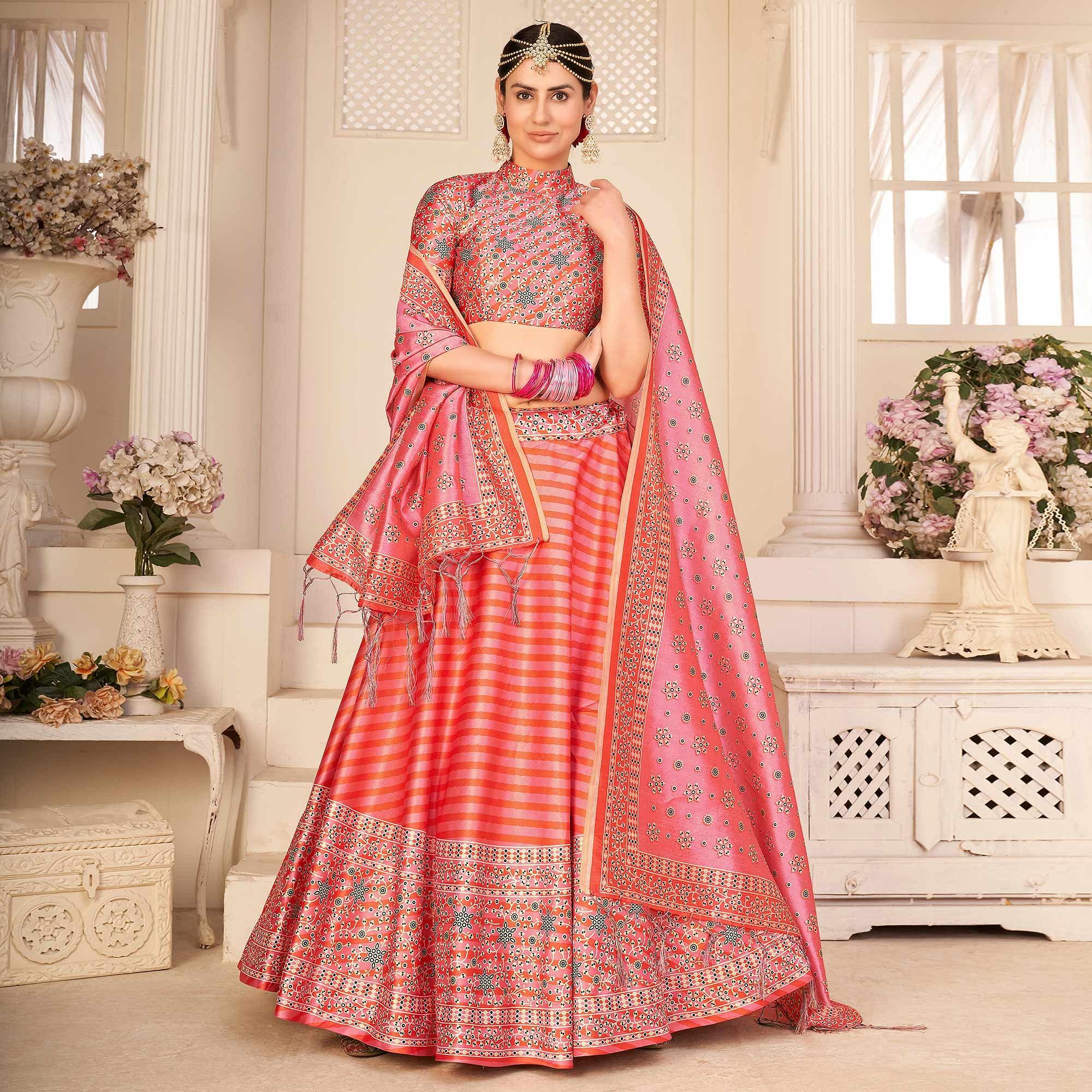 Pink Party Wear Digital Printed Silk Lehenga Choli - Peachmode