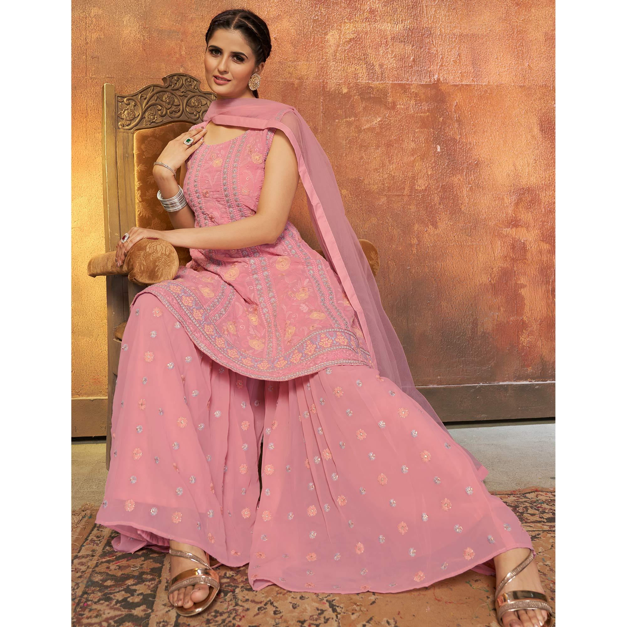 Pink Party Wear Embroiddered Georgette Sharara Suit - Peachmode