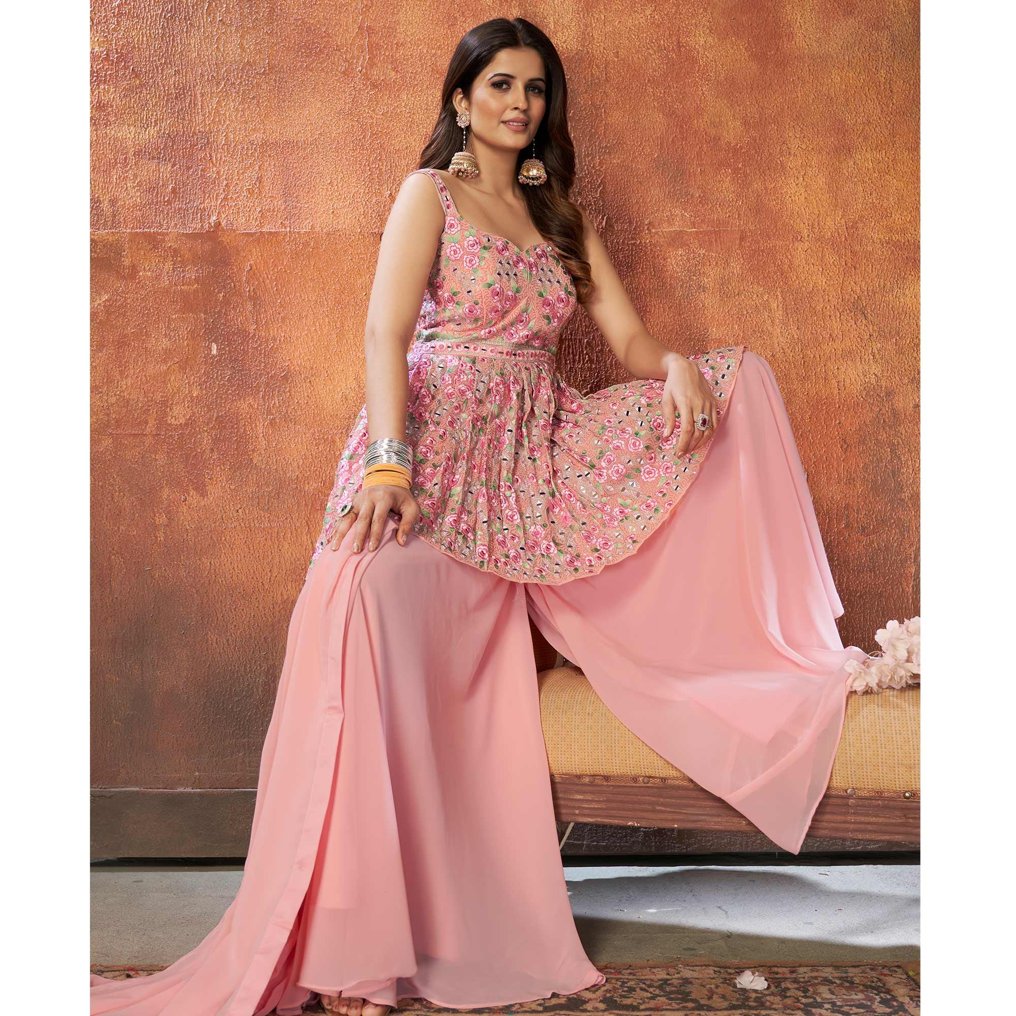 Pink Party Wear Embroiddered Georgette Sharara Suit - Peachmode