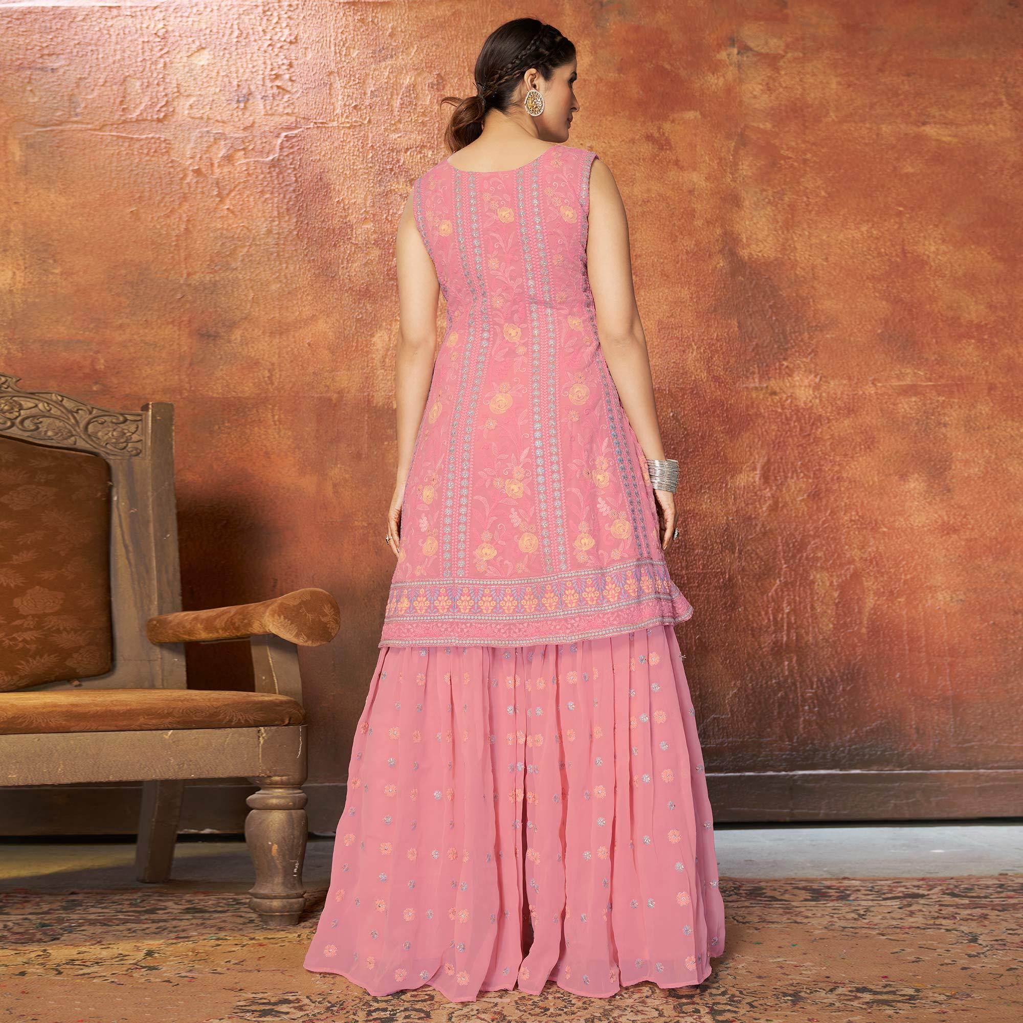 Pink Party Wear Embroiddered Georgette Sharara Suit - Peachmode