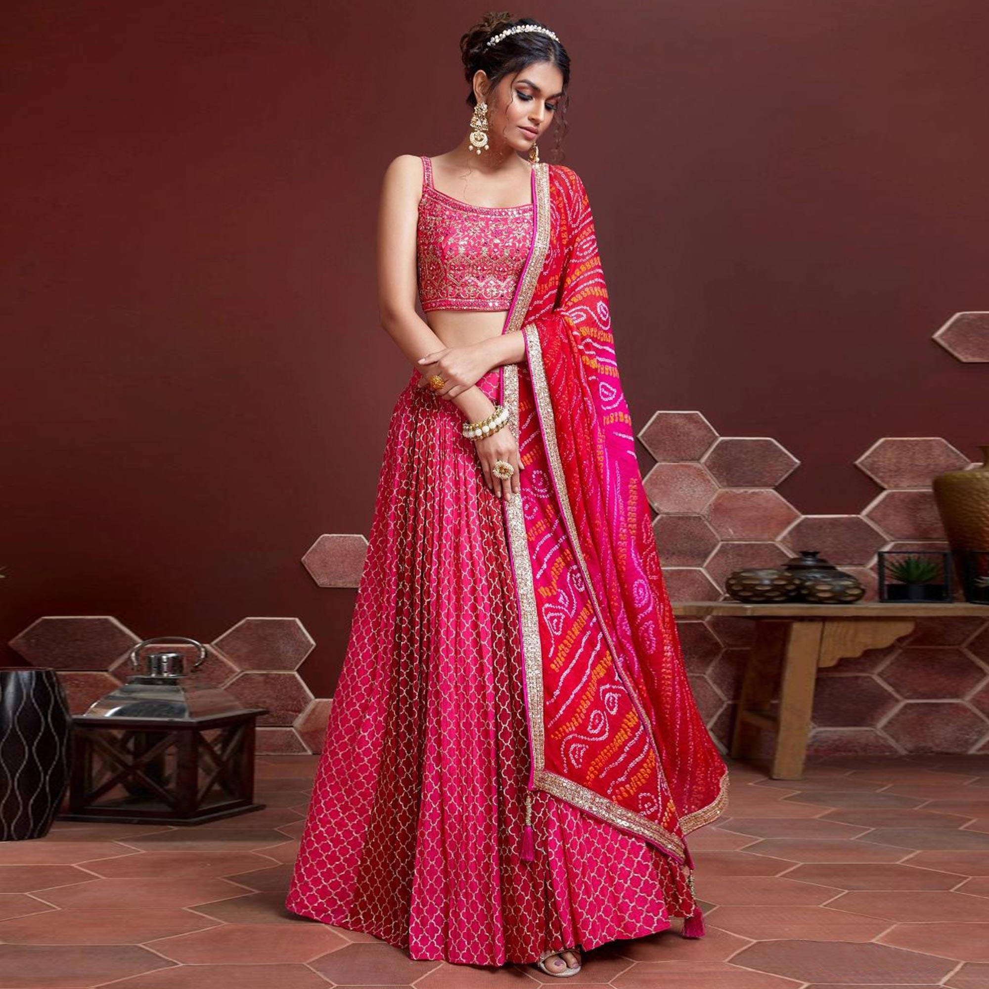 Pink Party Wear Embroidered & embellished Banglori Silk Lehenga Choli - Peachmode