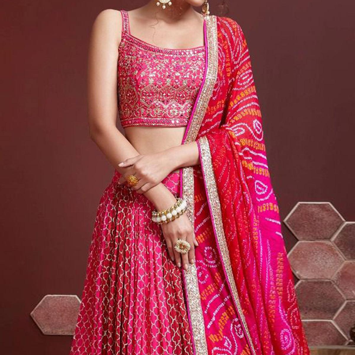 Pink Party Wear Embroidered & embellished Banglori Silk Lehenga Choli - Peachmode