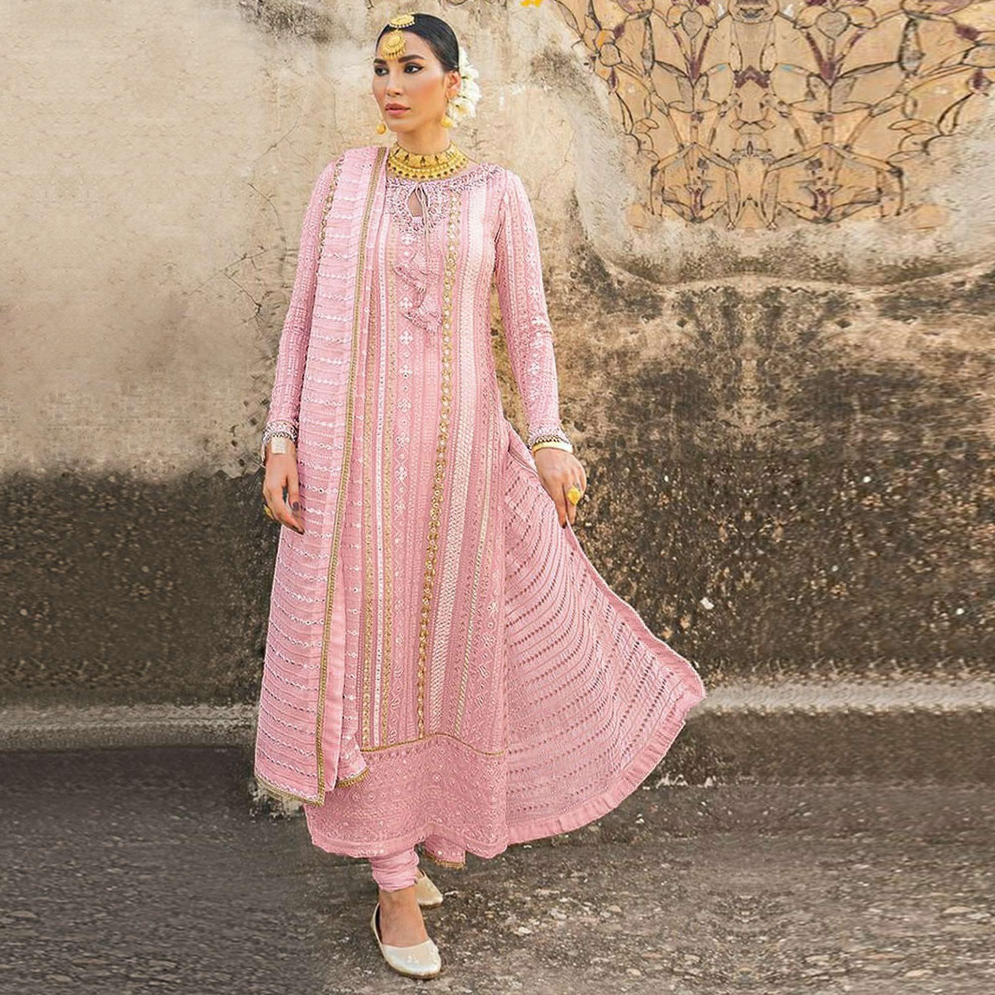Pink Party Wear Embroidered Georgette Suit - Peachmode