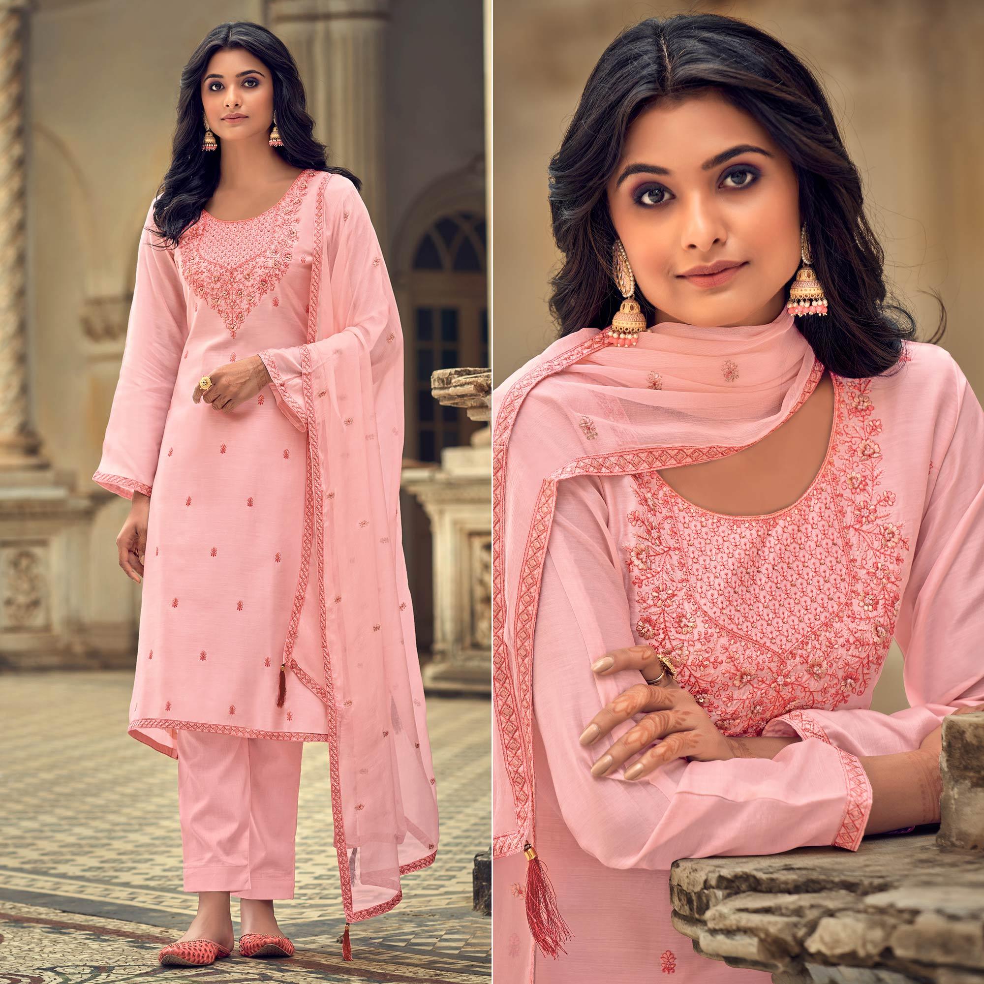 Pink Party Wear Embroidered Muslin Suit - Peachmode