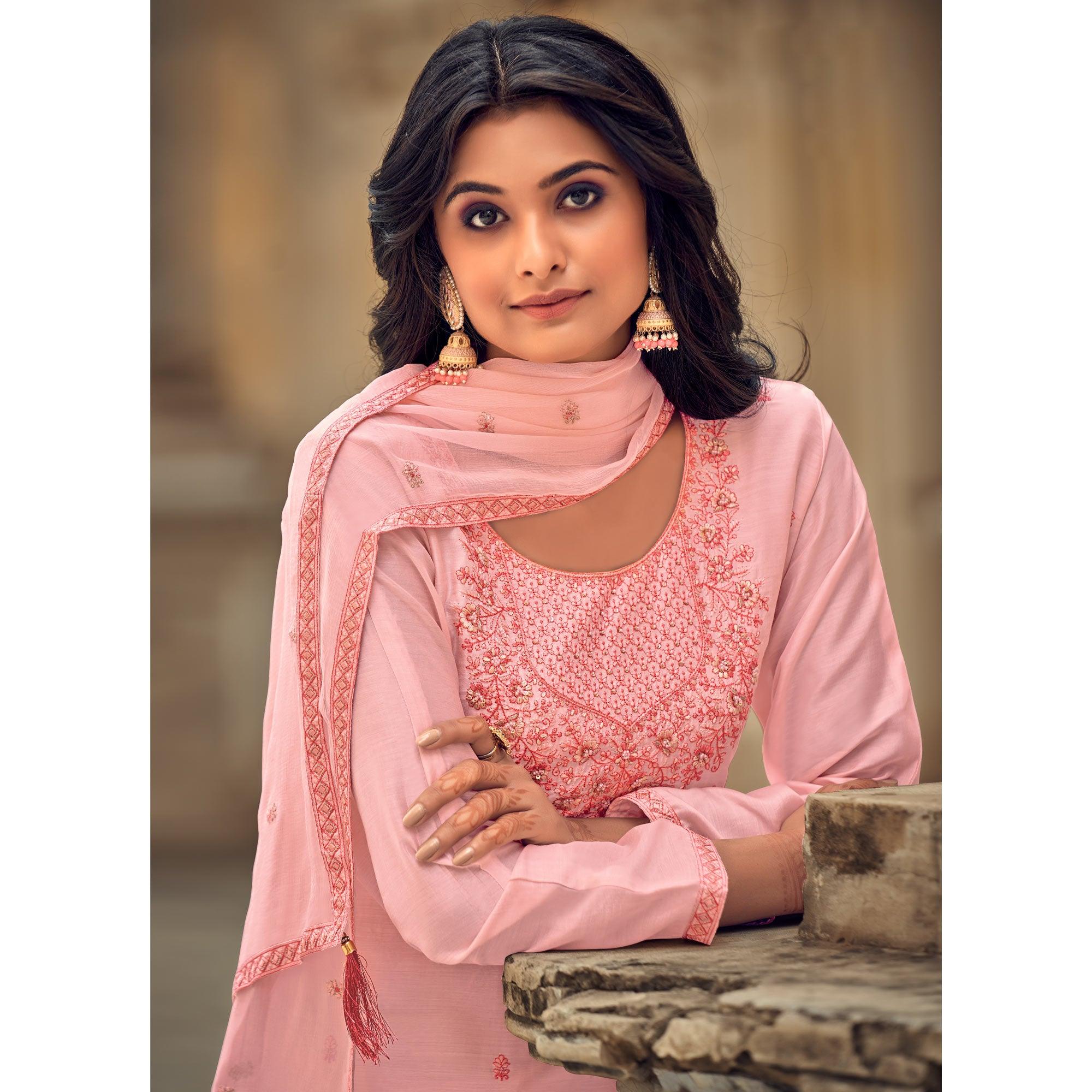 Pink Party Wear Embroidered Muslin Suit - Peachmode