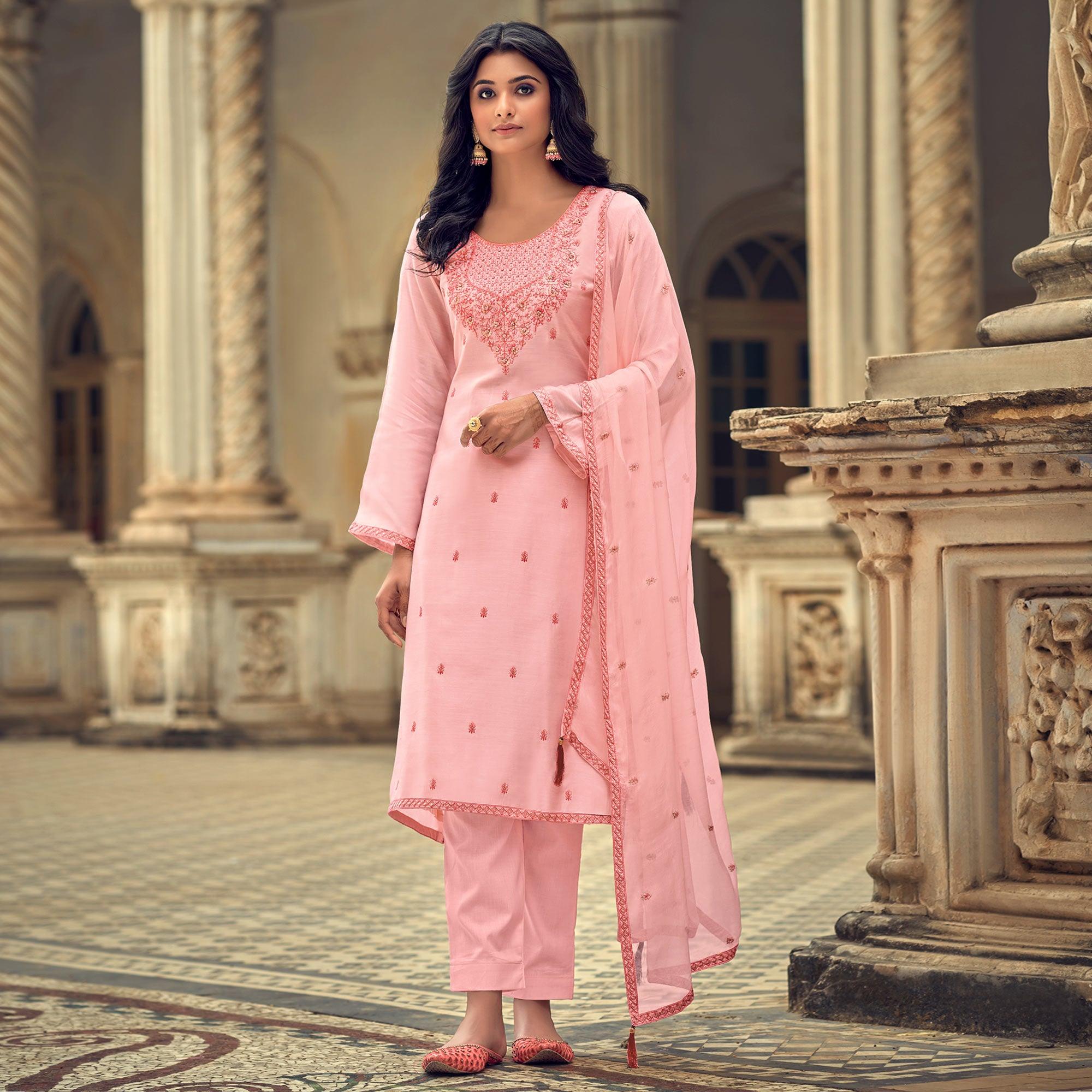 Pink Party Wear Embroidered Muslin Suit - Peachmode