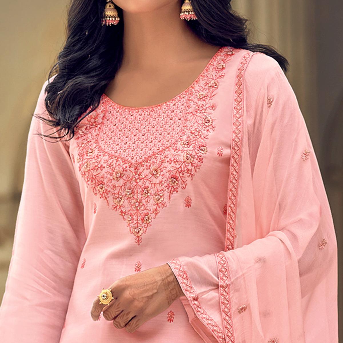 Pink Party Wear Embroidered Muslin Suit - Peachmode