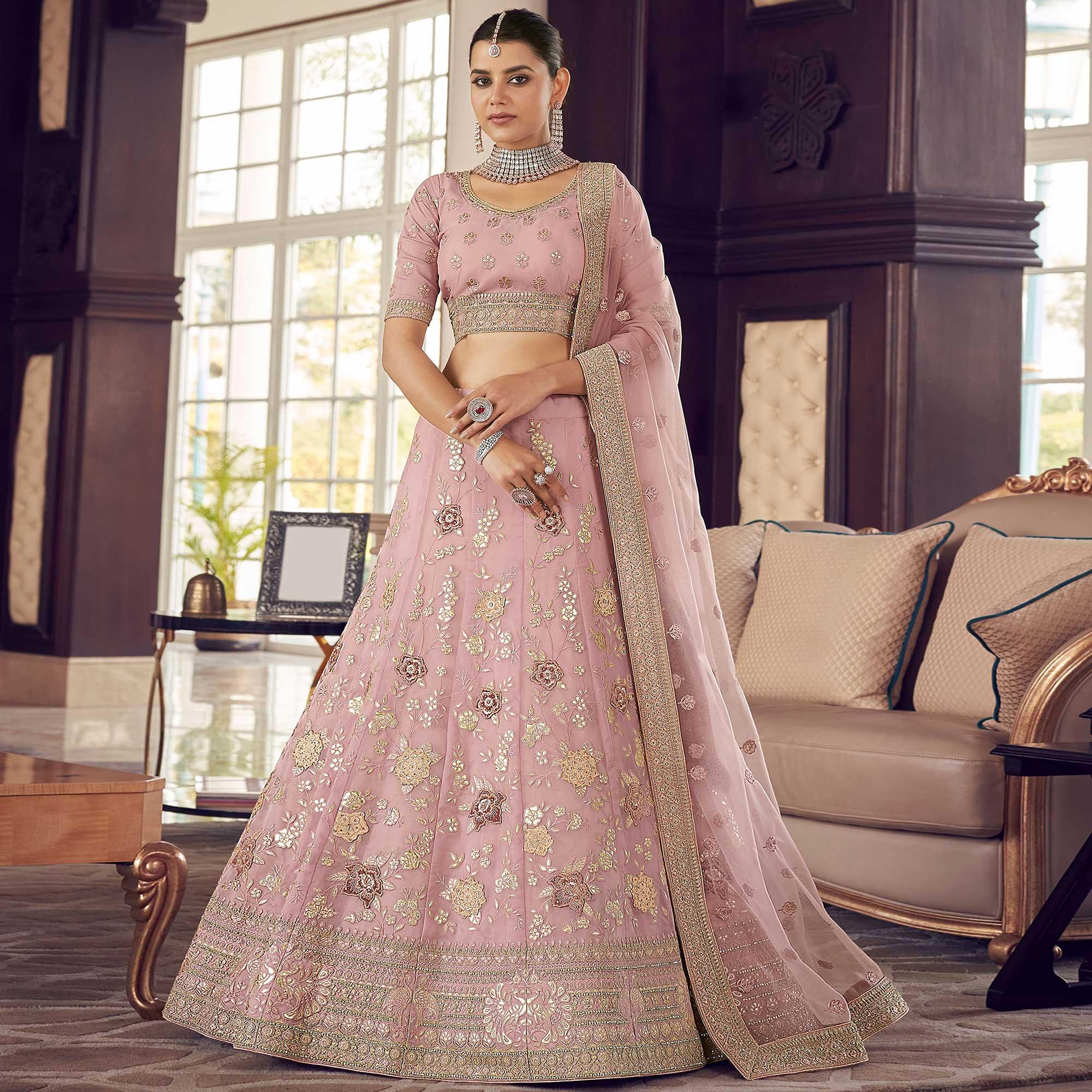 Pink Party Wear Embroidered Organza Lehenga Choli - Peachmode