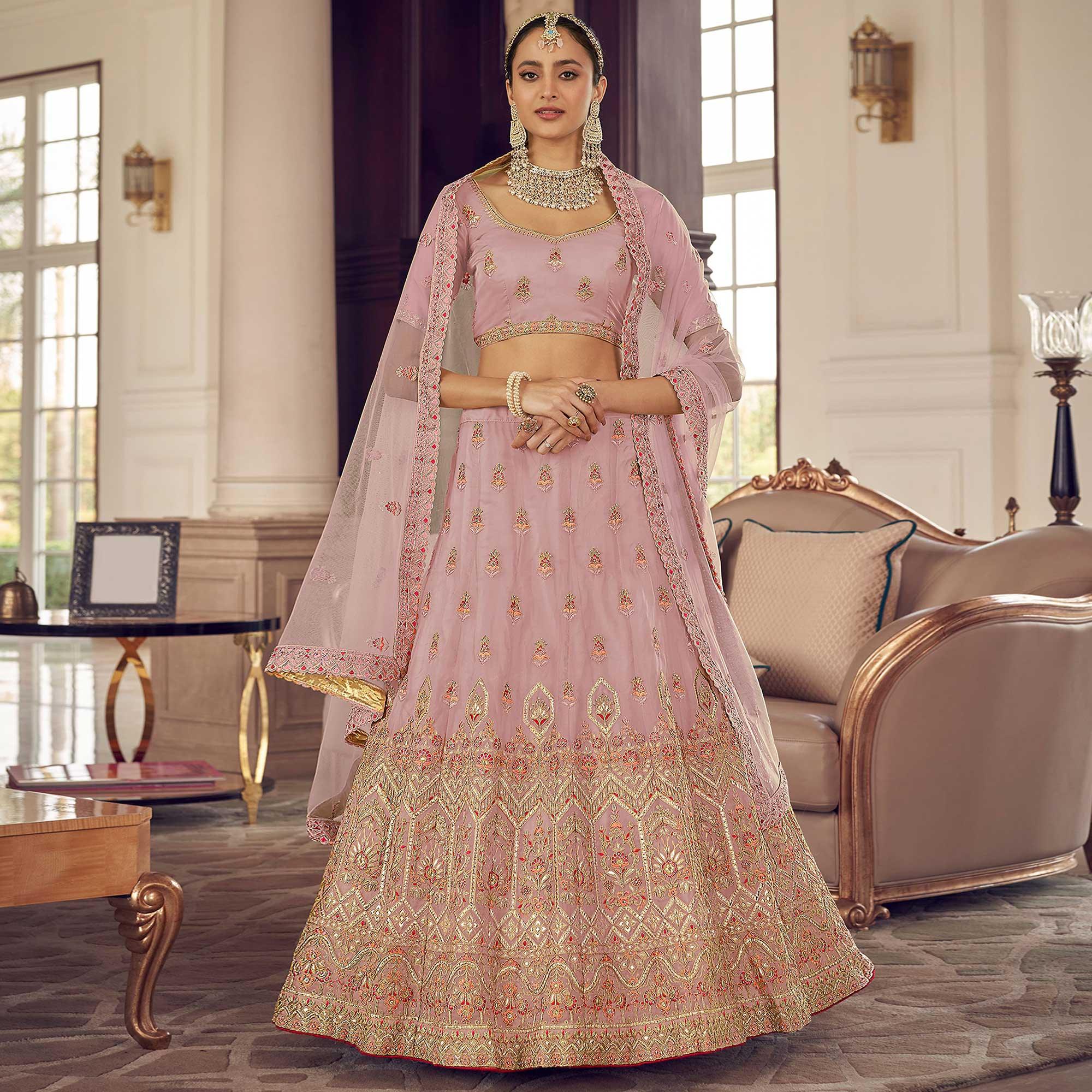 Pink Party Wear Embroidered Organza Lehenga Choli - Peachmode