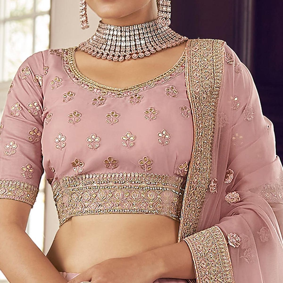 Pink Party Wear Embroidered Organza Lehenga Choli - Peachmode