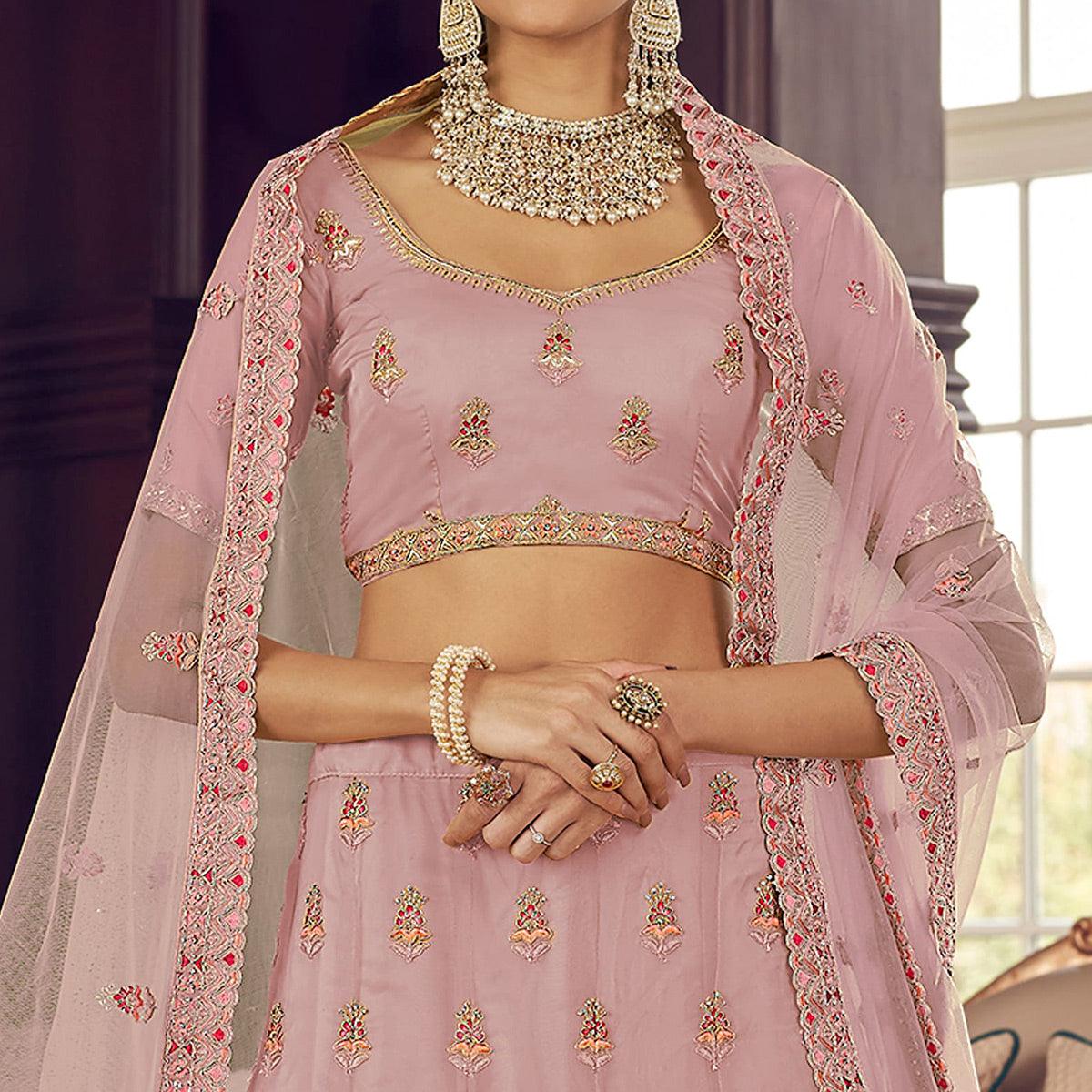 Pink Party Wear Embroidered Organza Lehenga Choli - Peachmode