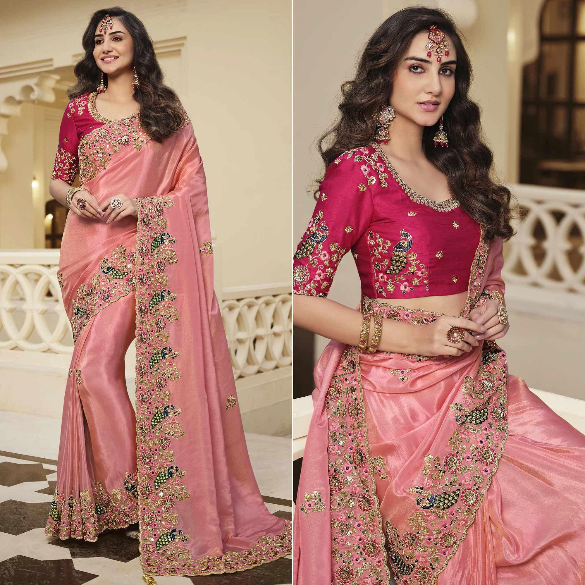Pink Party Wear Embroidered Satin Saree - Peachmode