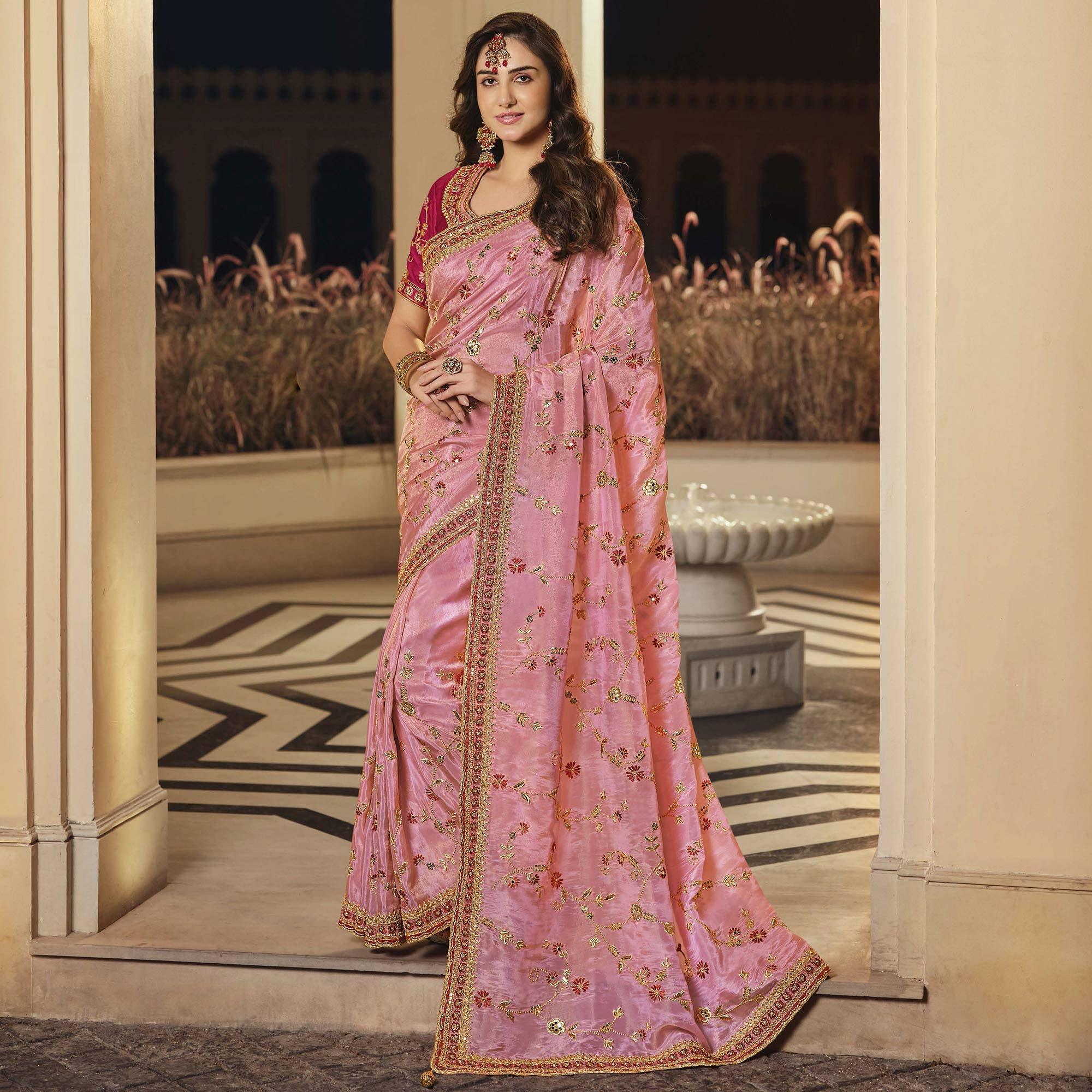 Pink Party Wear Embroidered Satin Saree - Peachmode